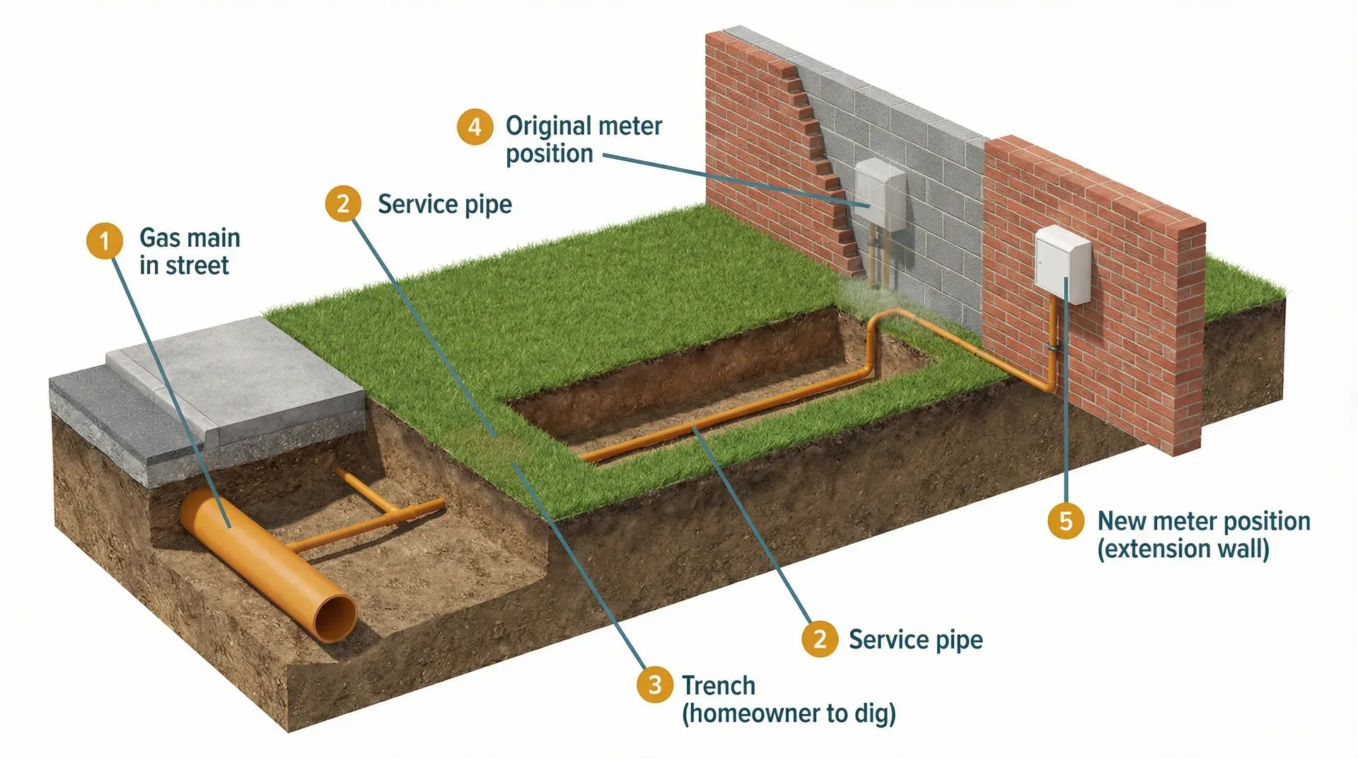 Isometric cross-section diagram showing a domestic garden and house, with the gas main under the street, the service pipe running through a trench in the garden to the original meter position, and the new route to the relocated meter position on the extension's external wall. Five amber numbered callouts identify: gas main in street, service pipe, trench (homeowner to dig), original meter position, and new meter position (extension wall).