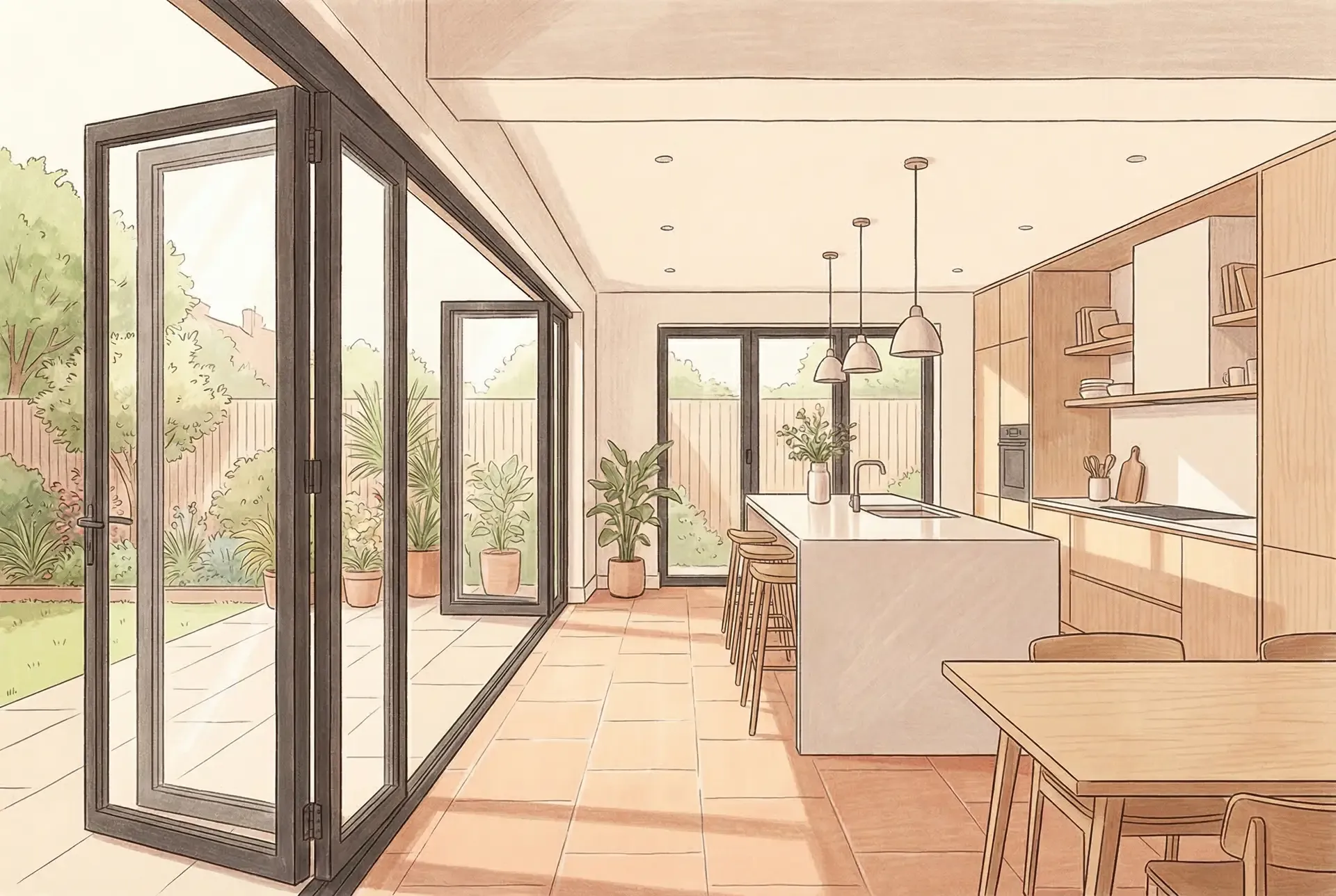 A finished kitchen extension with bifold doors opening to the garden