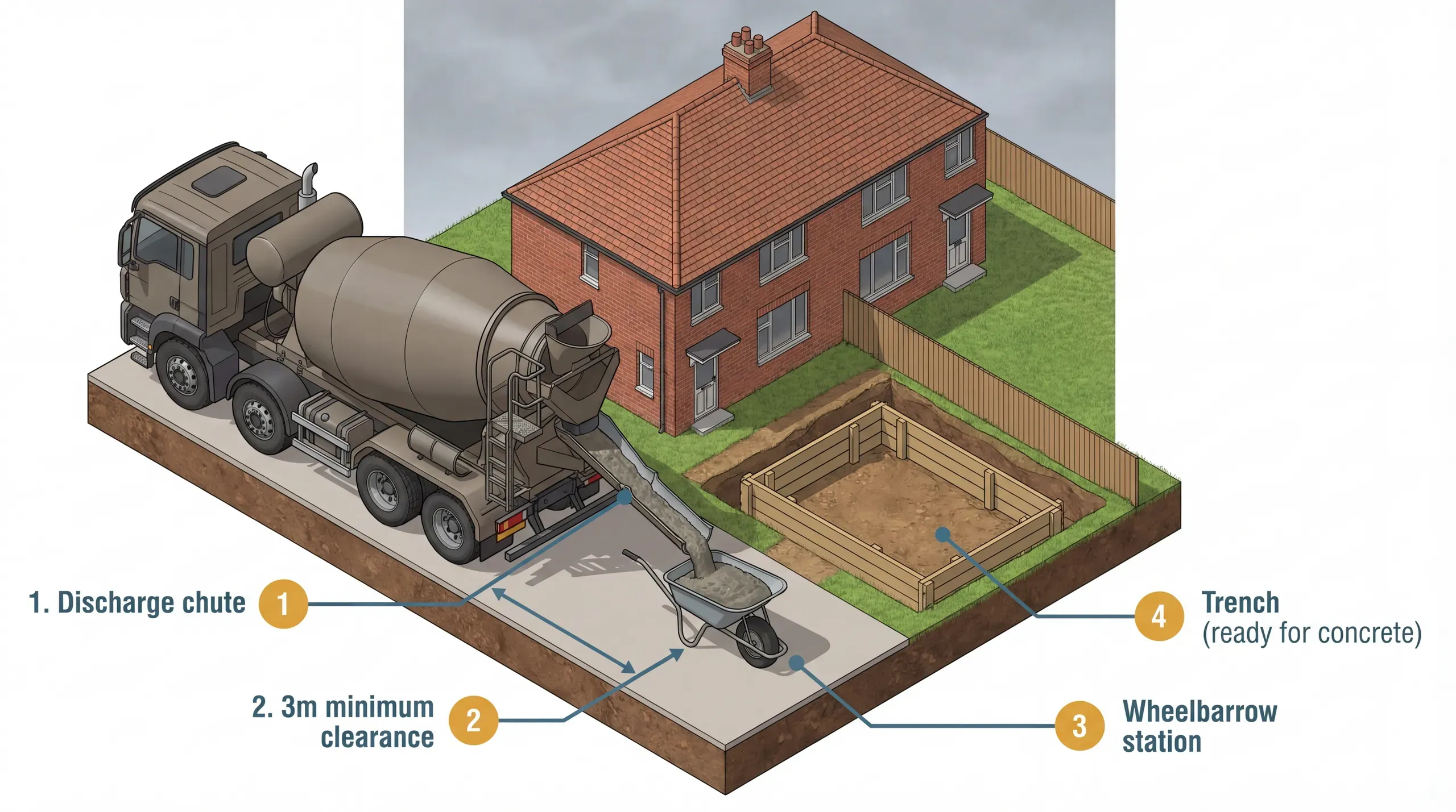 Ready-mix concrete being discharged from a barrel truck chute into a wheelbarrow on a domestic building site