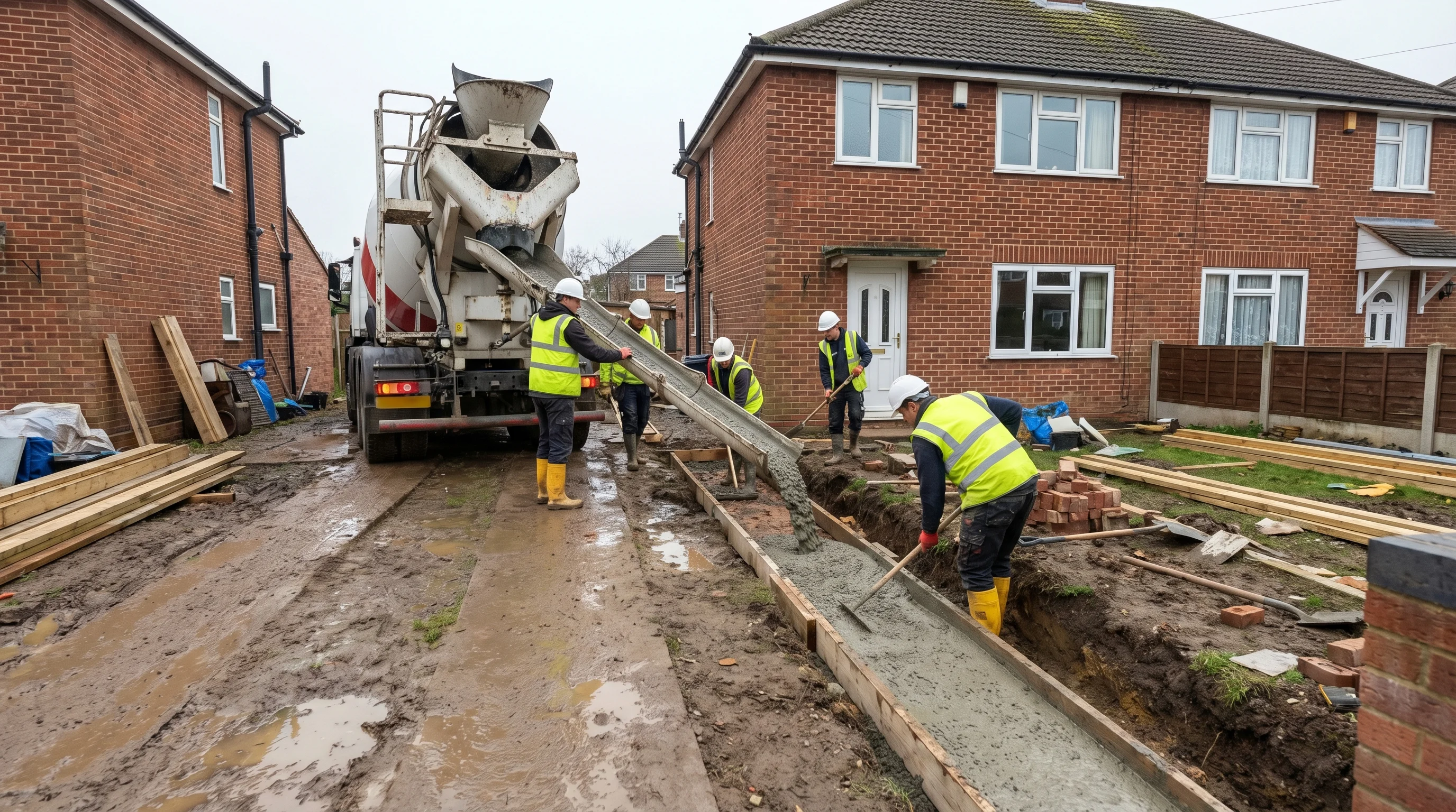 A ready-mix concrete truck discharging C25 concrete into a trench-fill foundation excavation for a single-storey rear extension, with a concrete pump line visible