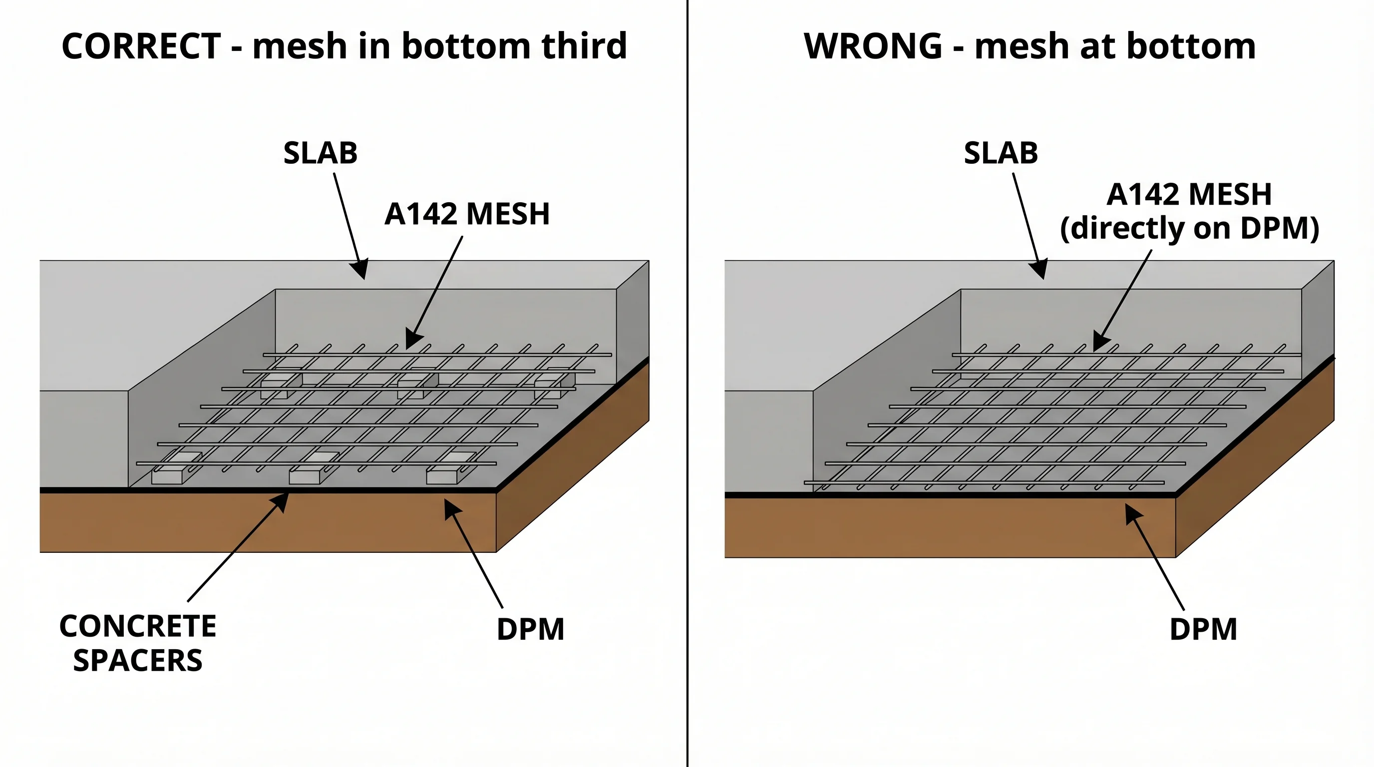 Side-by-side cross-section diagram comparing correct and incorrect A142 mesh placement in a 100mm concrete slab: on the left, correct installation shows the mesh on a spacer chair 40 to 50mm above the slab base with a green tick; on the right, incorrect installation shows the mesh resting at the very bottom of the slab with no spacer and a red X