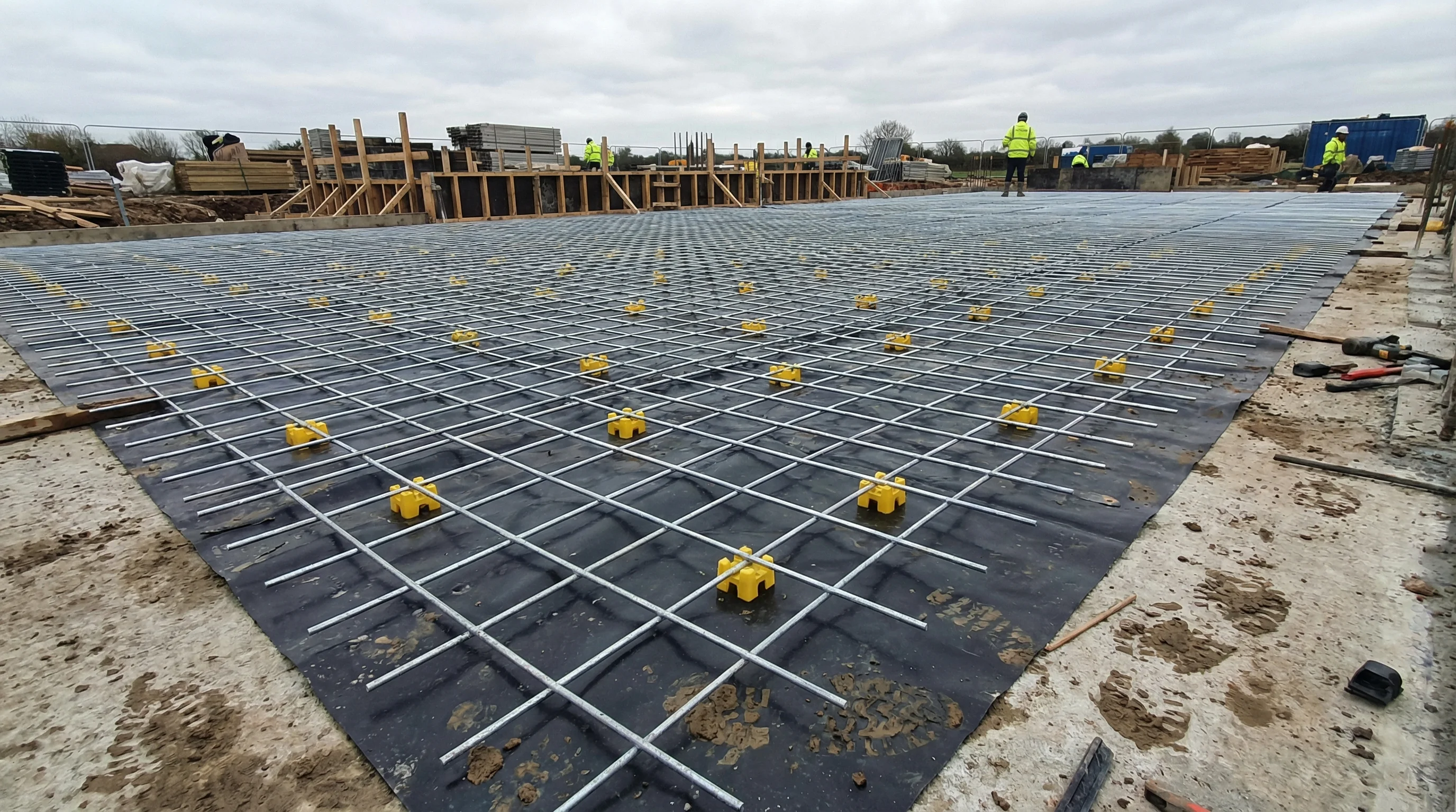 A193 welded steel mesh sheets laid on plastic spacers over a damp proof membrane, ready for a concrete floor slab pour in a single-storey extension