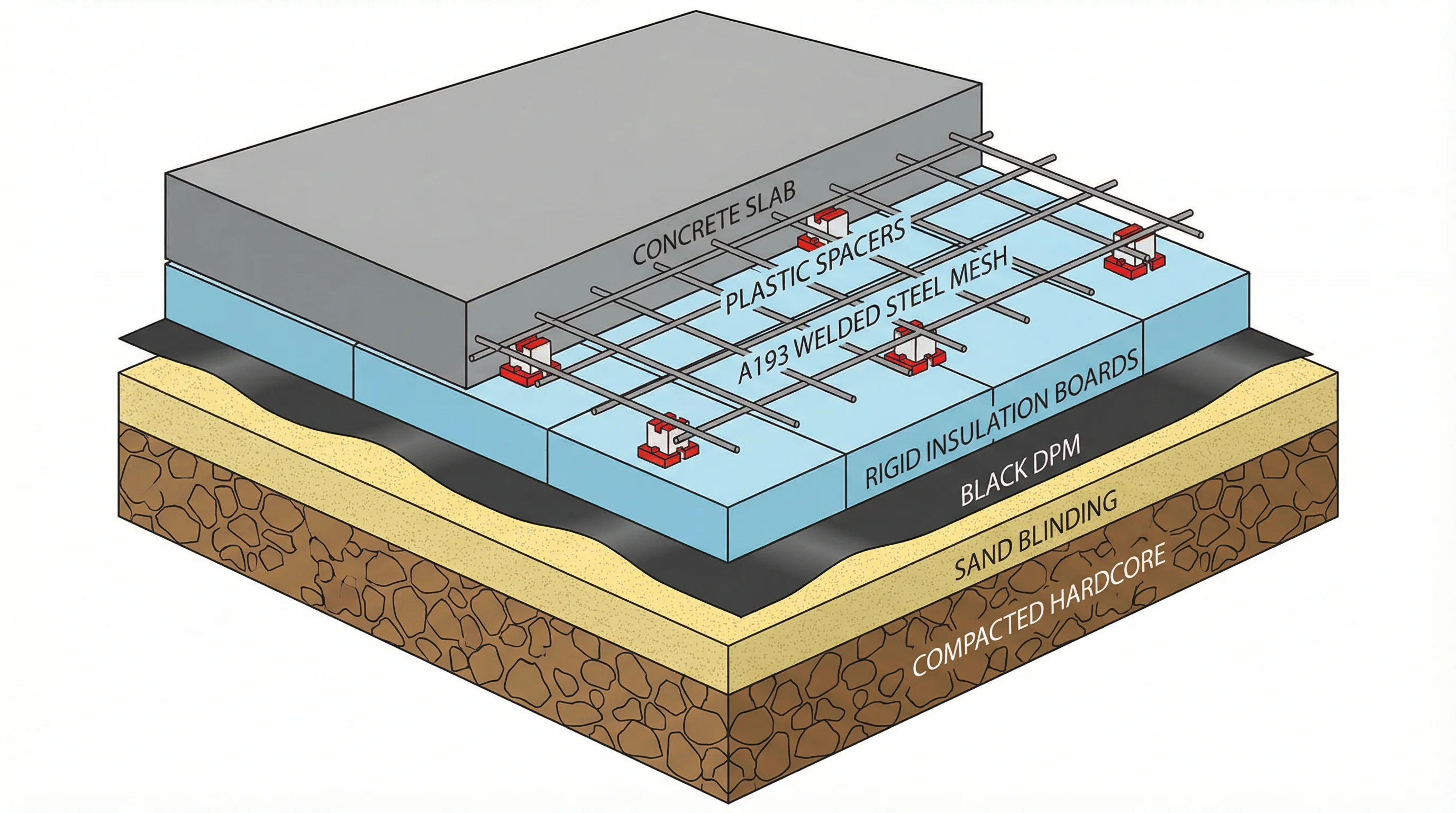 Isometric cutaway cross-section of a ground-bearing floor slab showing all layers from compacted hardcore at the base through sand blinding, DPM, PIR insulation, plastic spacers, A193 mesh, to concrete slab at the top, with a soil pipe penetration visible on one side.