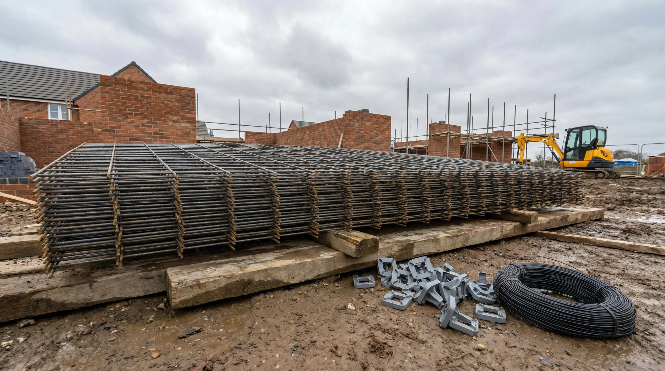 A252 steel mesh sheets stacked on timber bearers at a domestic extension site, with concrete spacers and tie wire visible alongside