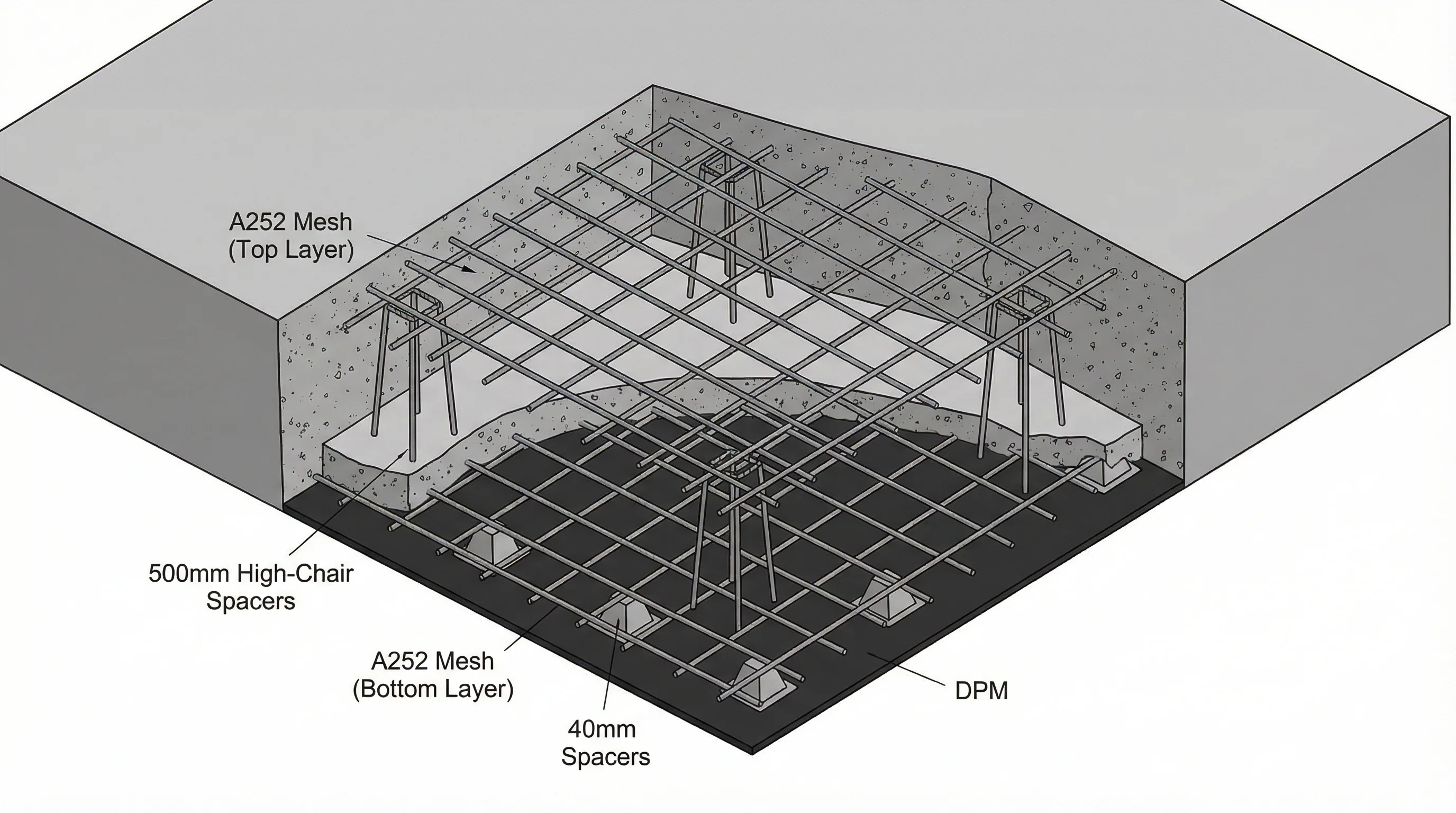Isometric cutaway cross-section of a raft foundation showing double-layer A252 mesh placement: bottom mesh on 40mm spacers over blinding and DPM, tall high-chair spacers supporting the top mesh layer, with the entire slab (175-200mm) filled with concrete and an edge beam with rebar cage visible on one side.