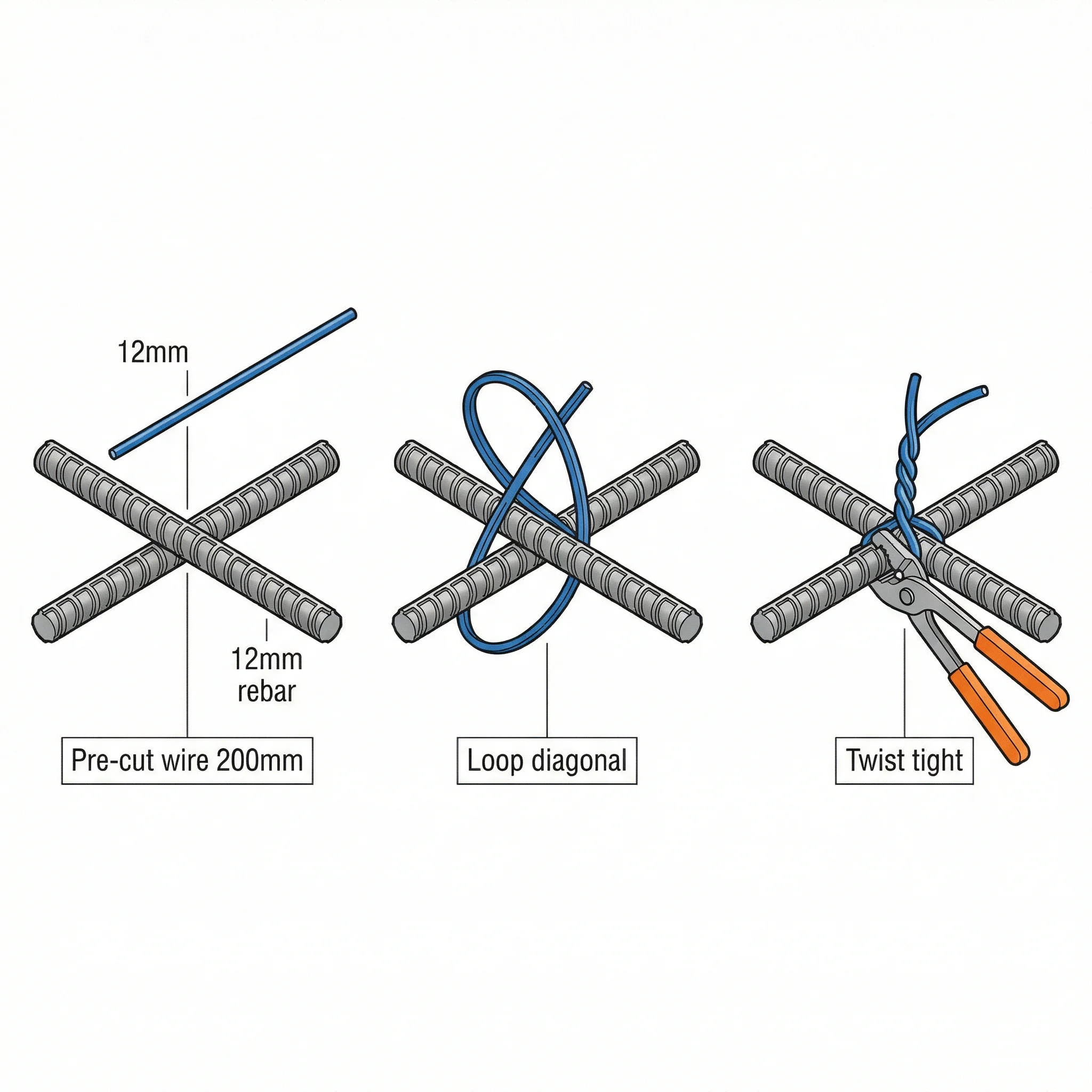 Close-up isometric technical diagram of two 12mm ribbed steel rebar bars crossing at right angles with tie wire looped diagonally around the intersection and twisted tight, showing the four key elements: horizontal T12 bar, vertical T12 bar, tie wire loop, and pliers twist