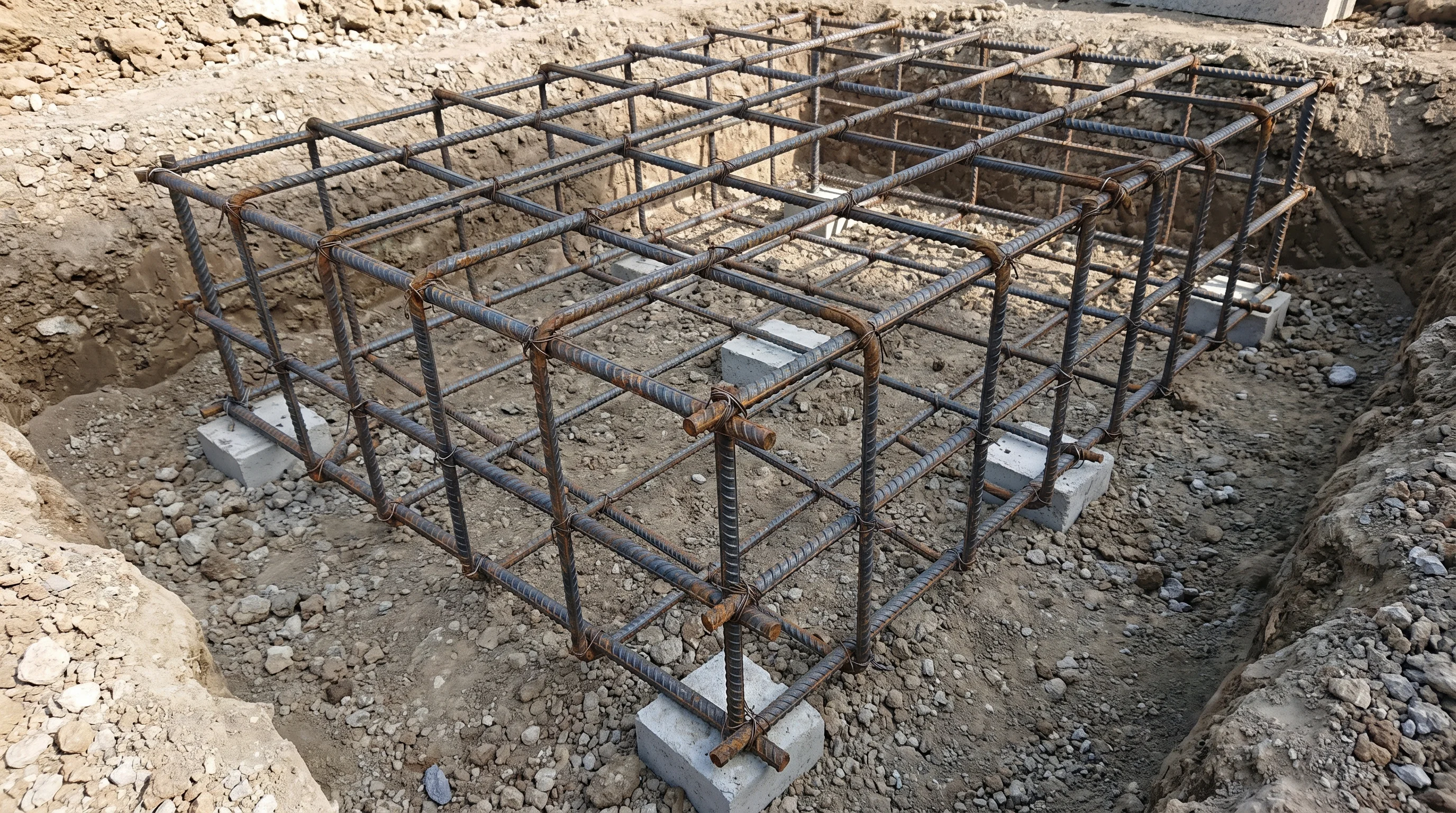 16mm ribbed steel reinforcement bars arranged in a pad foundation cage with concrete spacers, ready for building control inspection before the pour