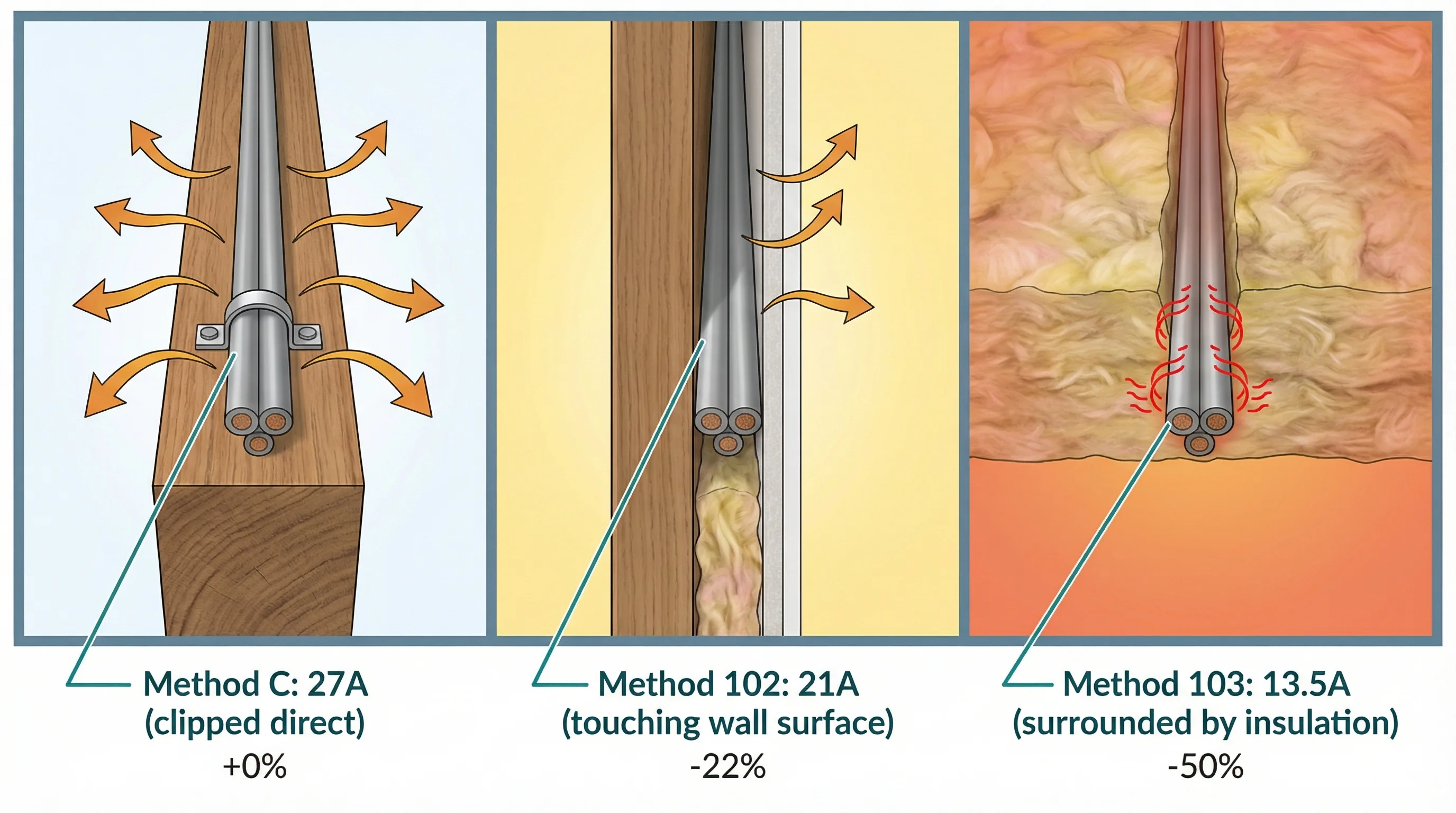 Three side-by-side cross-section diagrams showing the same 2.5mm twin-and-earth cable under three installation conditions: clipped to a joist surface (Method C, 27A), touching the plasterboard surface in an insulated stud wall (Method 102, 21A), and fully surrounded by mineral wool insulation (Method 103, 13.5A). Heat escape arrows decrease from left to right, with background colours shifting from cool blue to orange-red to indicate increasing heat buildup.