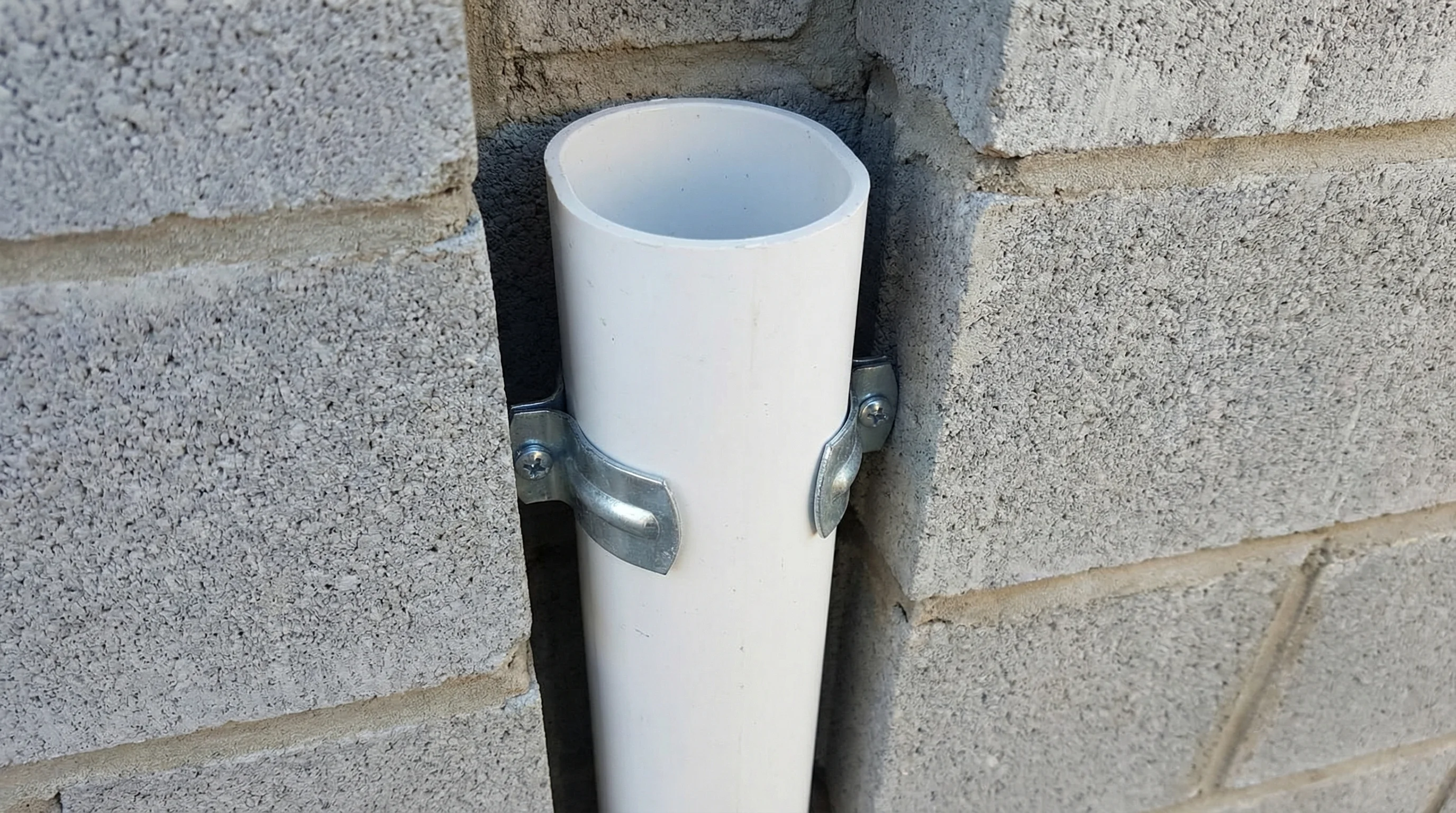 A length of white oval PVC conduit sitting in a narrow vertical chase cut into bare grey concrete blockwork, secured with two galvanised clout nails positioned either side of the conduit. A grey-sheathed twin-and-earth cable is visible entering the top of the conduit. The chase is cleanly cut with no plaster applied, showing a typical first-fix electrical installation in a masonry wall.