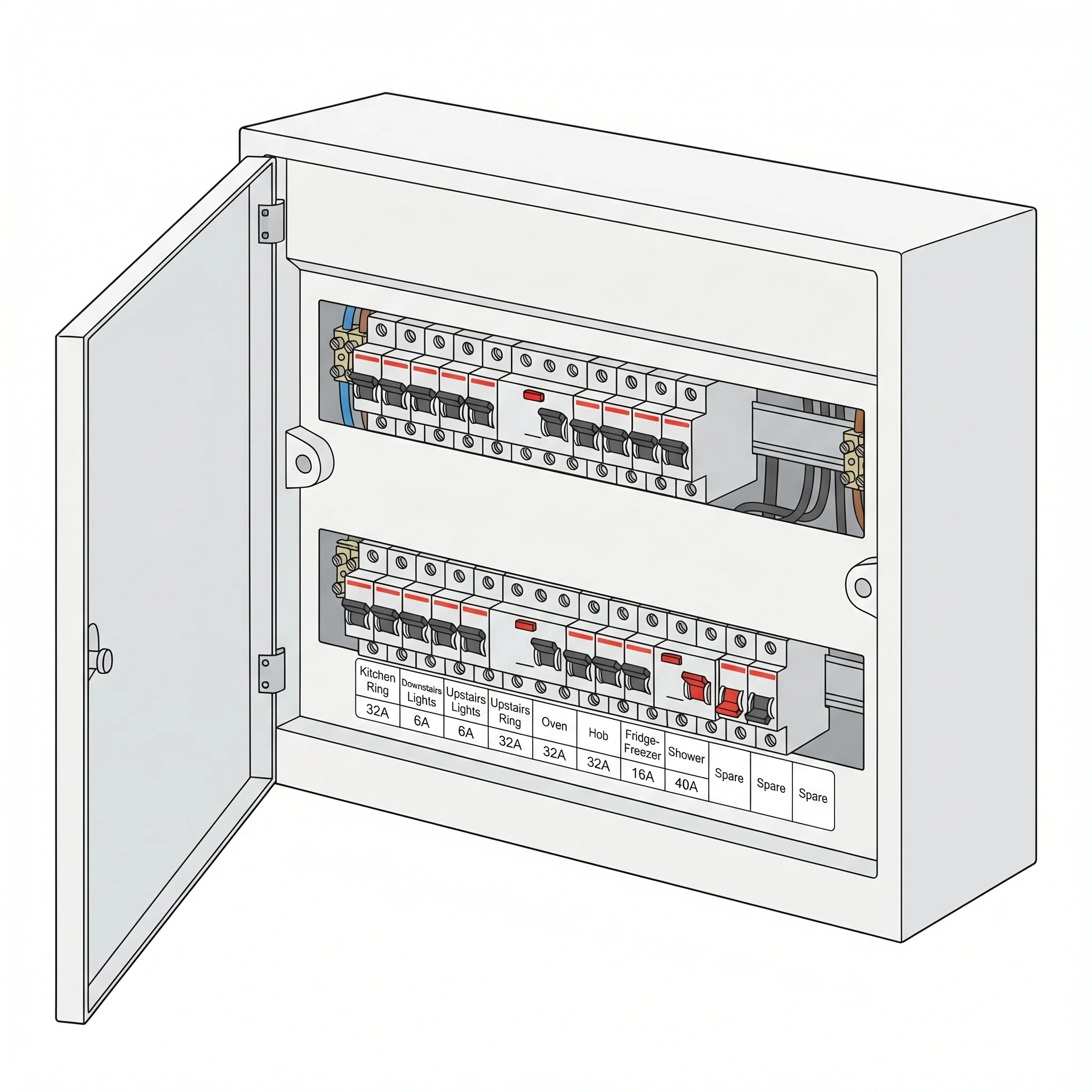 Overhead view of a white consumer unit circuit identification label card showing 12 circuits filled in with neat printed block capital text. Circuits listed include Kitchen Ring 32A, Downstairs Lights 6A, Upstairs Lights 6A, Upstairs Ring 32A, Oven 32A, Hob 32A, Fridge/Freezer 16A, Shower 40A, Garage 20A, and three spare positions.