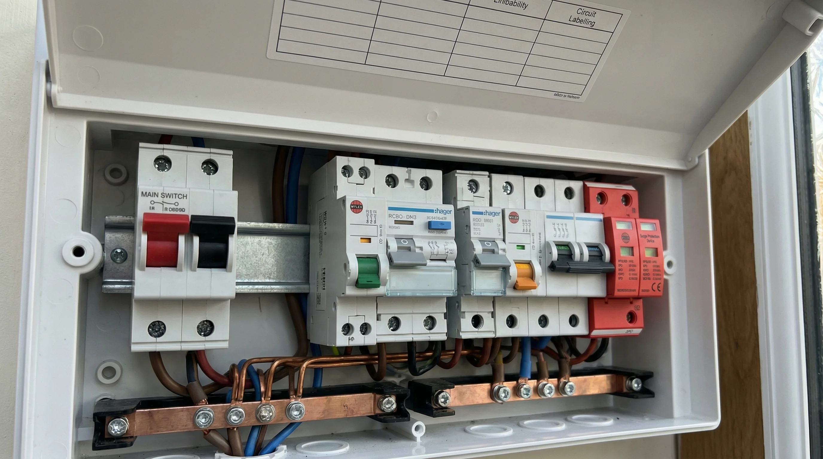 Open metal consumer unit showing main switch, RCBOs on DIN rail, SPD module, busbar connections, and circuit labelling