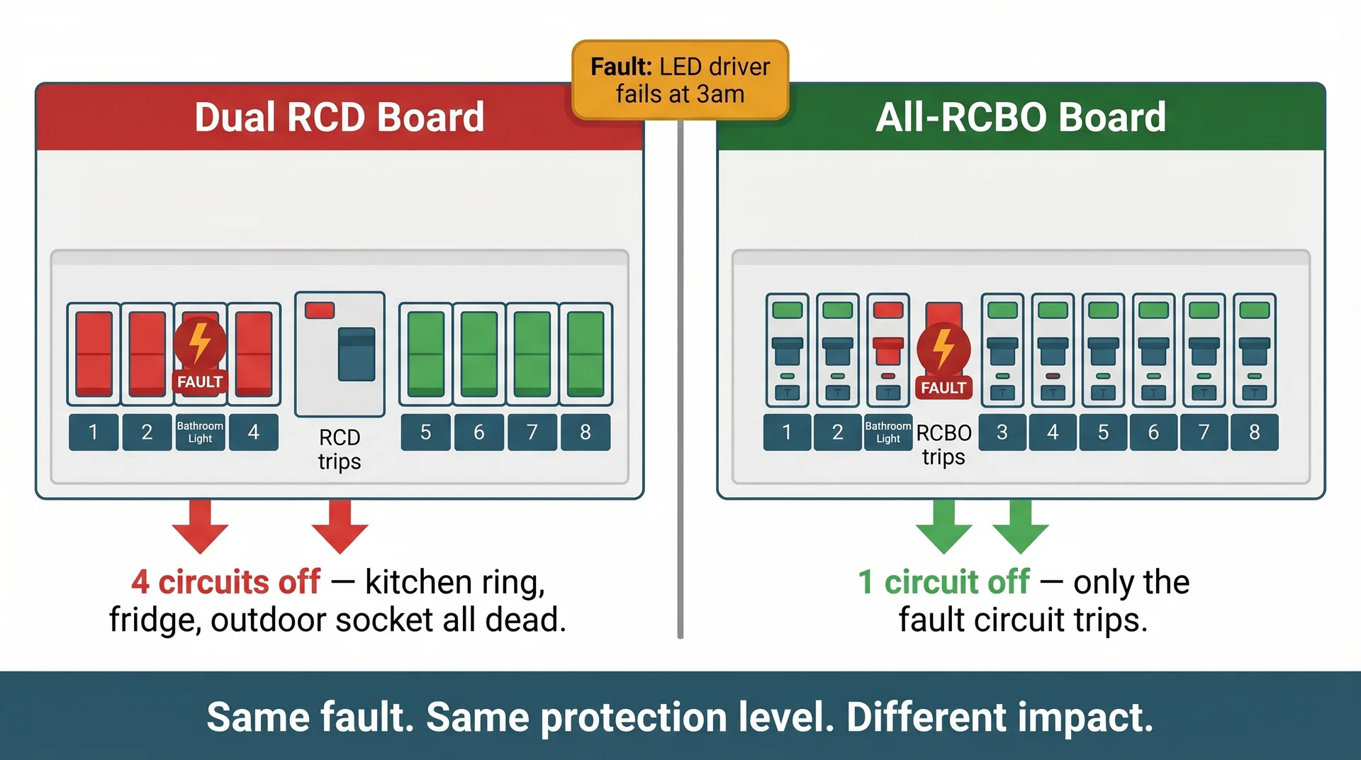 Side-by-side comparison of a dual RCD board and an all-RCBO board responding to the same fault on a bathroom lighting circuit. The dual RCD board shows four circuits tripped off including the kitchen ring, fridge, and outdoor socket. The all-RCBO board shows only the single faulty circuit tripped, with all seven remaining circuits still live.
