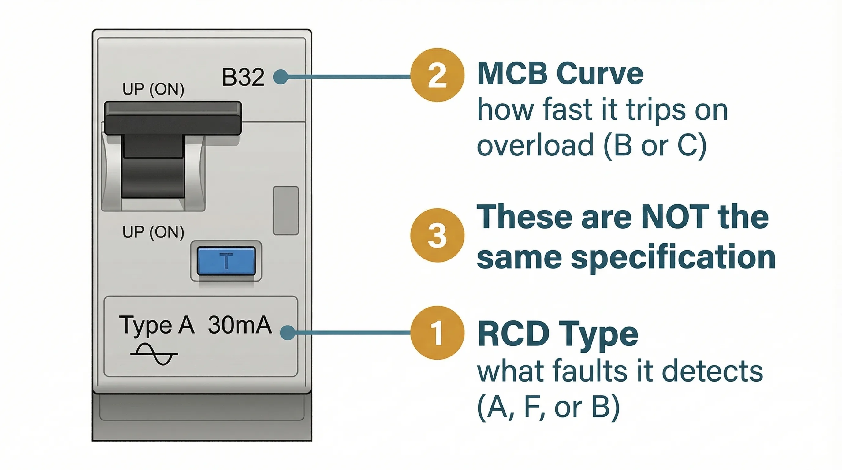 Annotated front view of an RCBO device showing the two separate specification markings: the RCD Type marking (showing Type A with a waveform symbol) near the bottom, and the MCB Curve letter (showing B32) near the top, with a callout stating these are not the same specification.