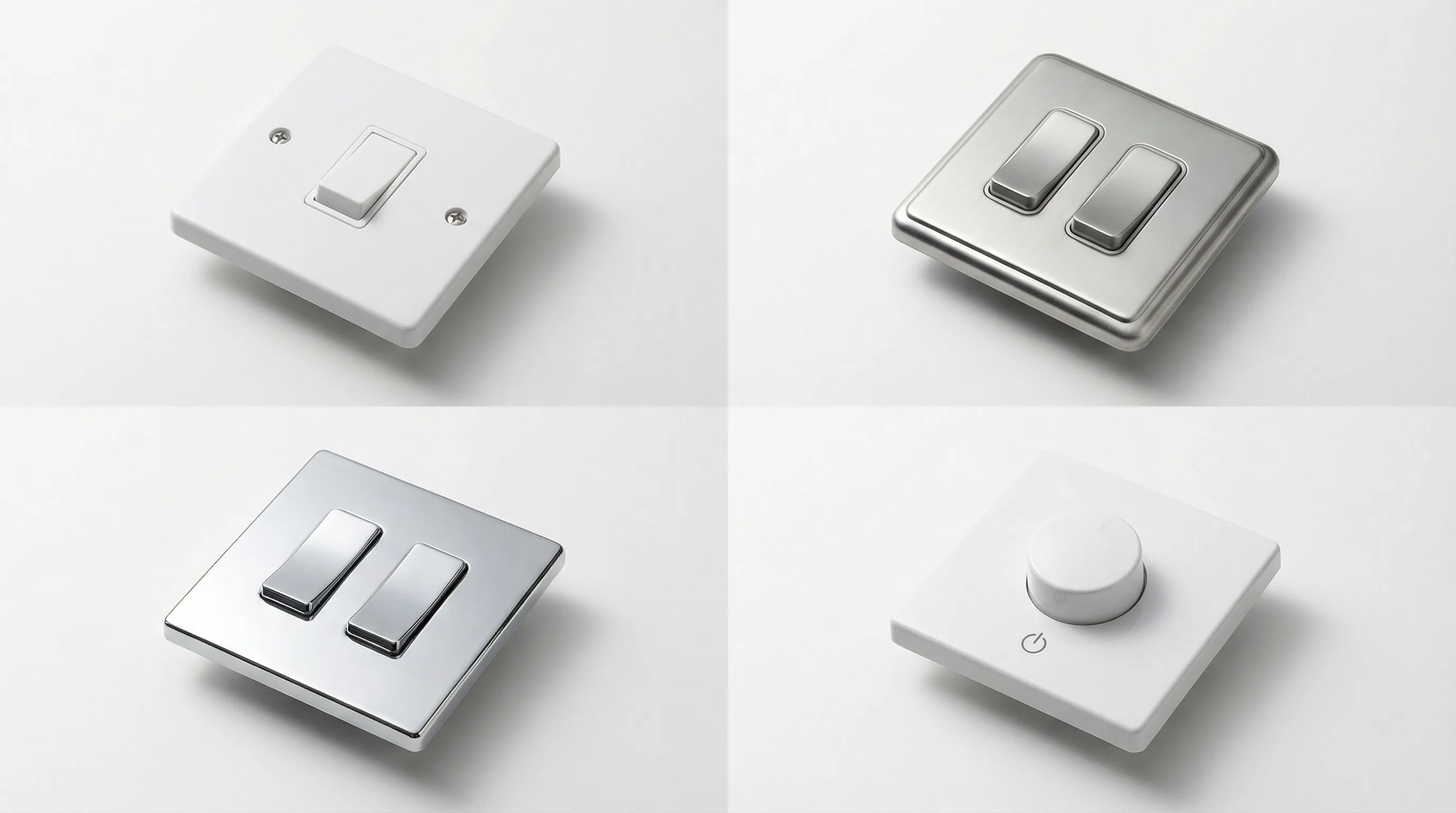 Selection of light switch faceplates in white plastic, brushed chrome, and screwless flat plate finishes showing 1-gang and 2-gang configurations