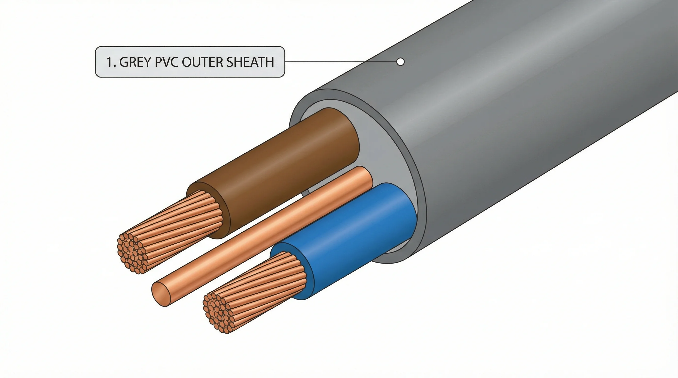 Isometric cutaway cross-section of a 1.5mm² 6242Y twin and earth cable showing the grey PVC outer sheath, brown PVC-insulated live conductor (1.5mm²), blue PVC-insulated neutral conductor (1.5mm²), and bare copper circuit protective conductor (CPC/earth, 1.0mm²) in the centre, with dimension annotations for cable width and conductor sizes.