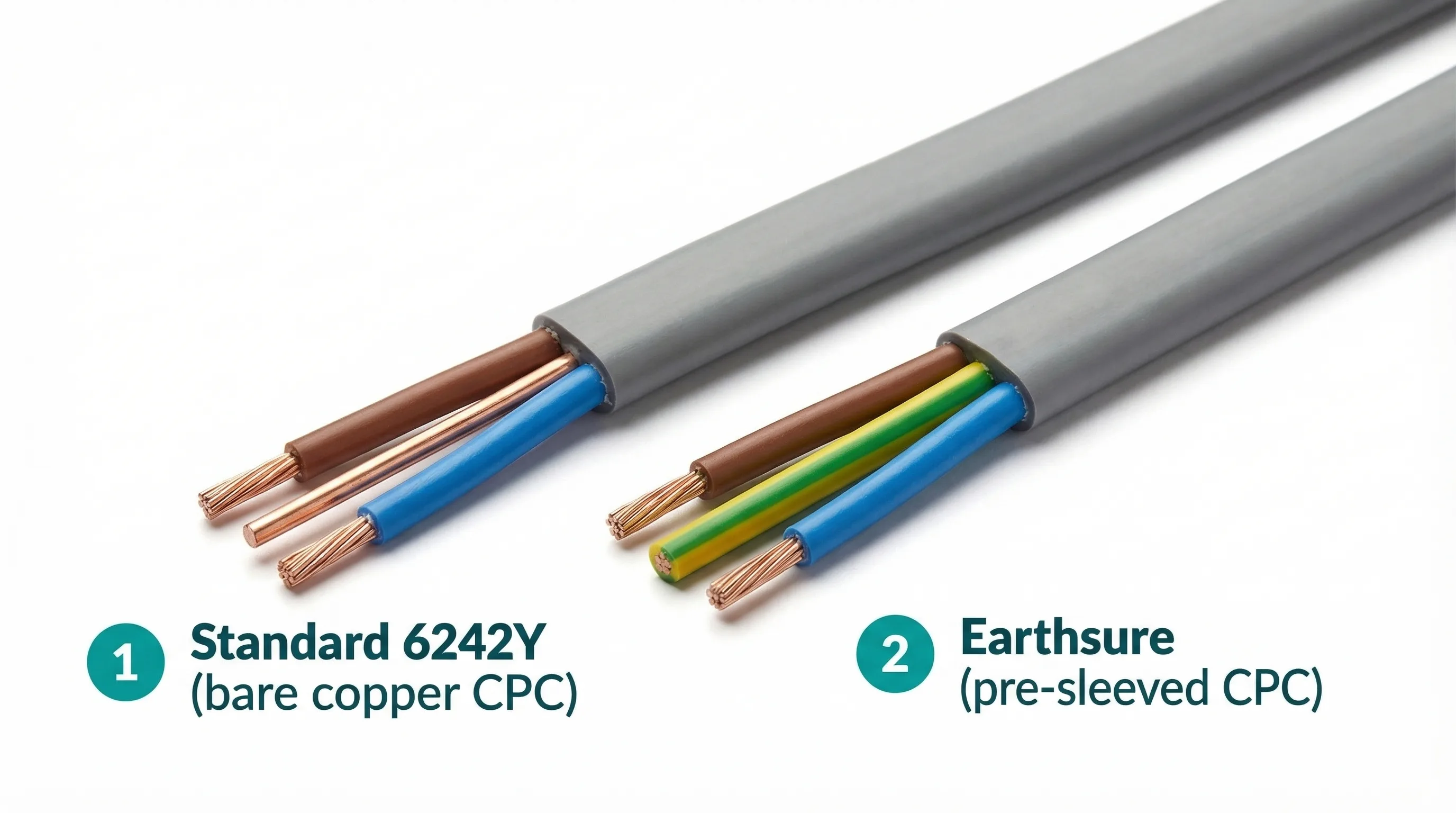 Side-by-side product comparison of two stripped 1.5mm 6242Y cable ends on a white background. Left: standard cable with bare copper CPC visible between brown and blue insulated cores. Right: Earthsure variant with green and yellow striped pre-sleeved CPC between brown and blue cores. Both cables have grey outer sheath.
