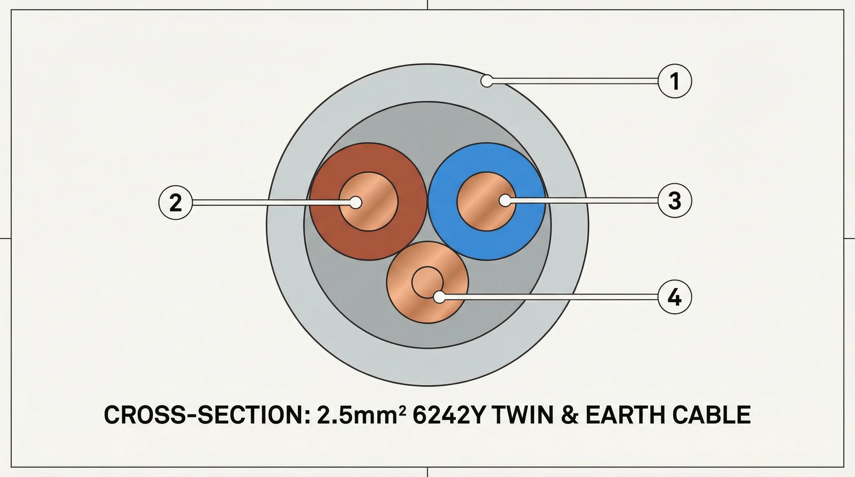 Cutaway cross-section of a 2.5mm 6242Y twin and earth cable showing the grey PVC outer sheath approximately 10mm wide, a brown PVC-insulated 2.5mm live conductor, a blue PVC-insulated 2.5mm neutral conductor, and a visibly thinner bare copper 1.5mm circuit protective conductor (earth/CPC) between them.