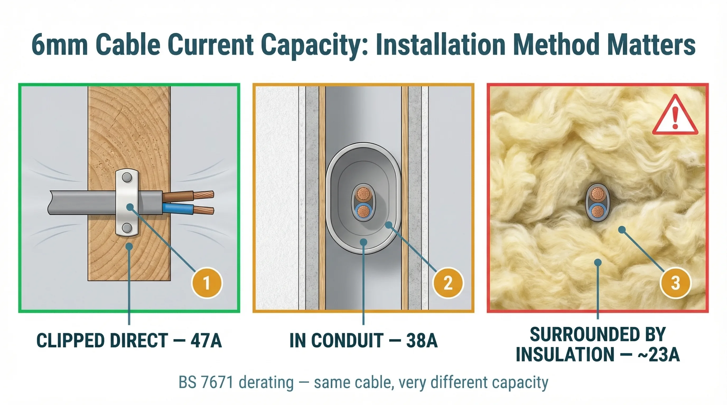 Three-panel technical diagram showing a 6mm twin and earth cable installed three different ways: clipped directly to a timber joist in open air (rated 47A, green border), inside oval conduit in a stud wall (rated 38A, amber border), and fully buried in mineral wool loft insulation (rated ~23A, red border with warning triangle). The dramatic drop in safe current capacity from 47A to 23A for the insulated installation is clearly highlighted.