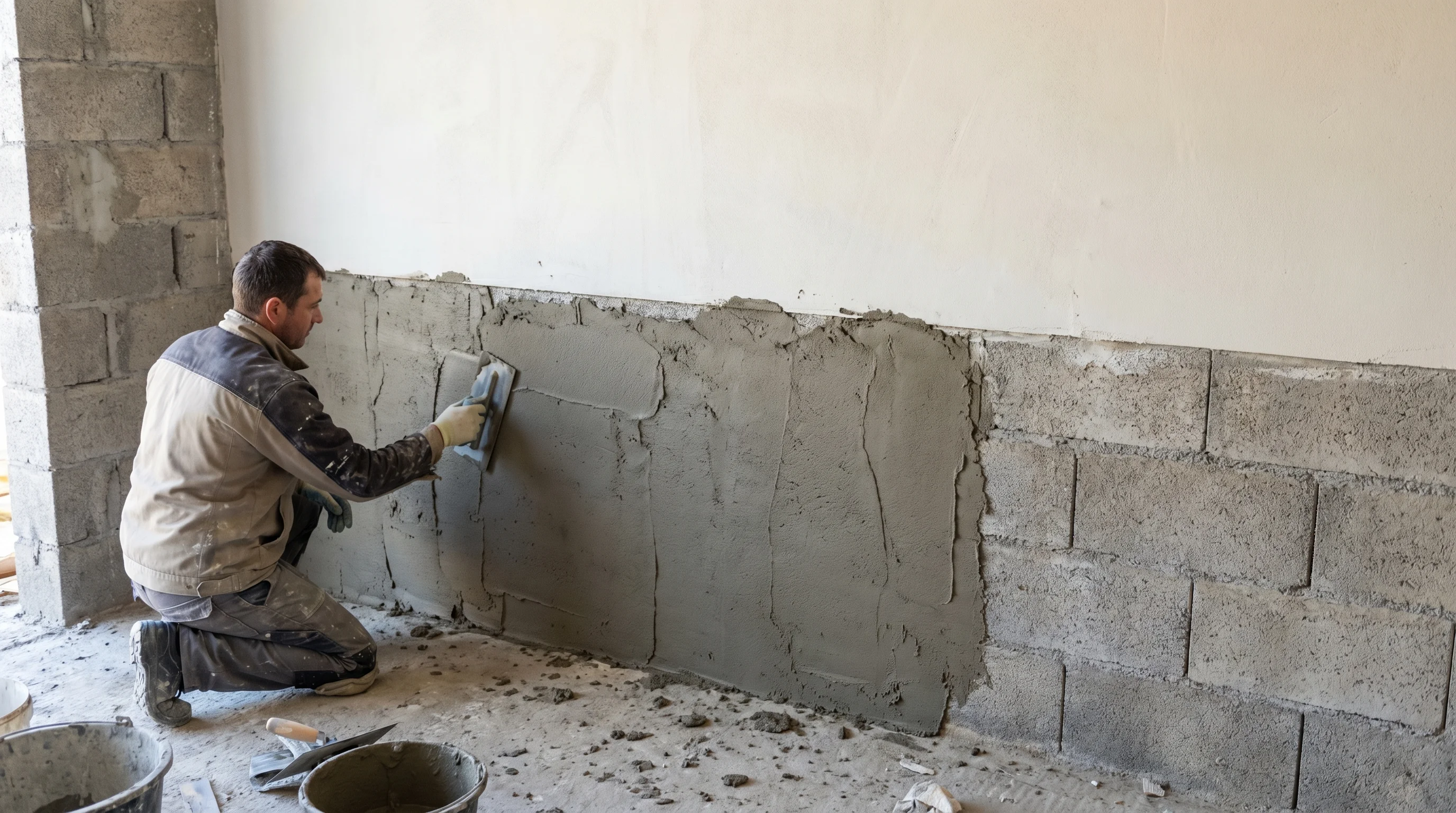 Bonding plaster applied as an undercoat to a dense concrete block wall, with scratch marks on the surface creating a mechanical key for the finish coat
