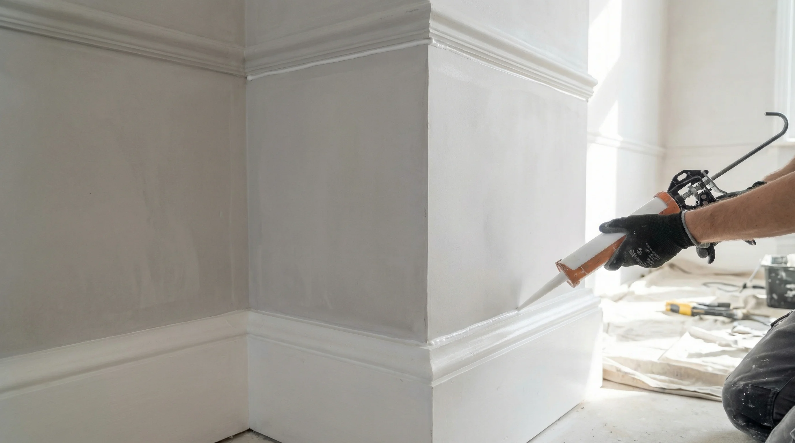 Annotated room corner showing where decorator's caulk is applied at skirting board, architrave, and ceiling line junctions