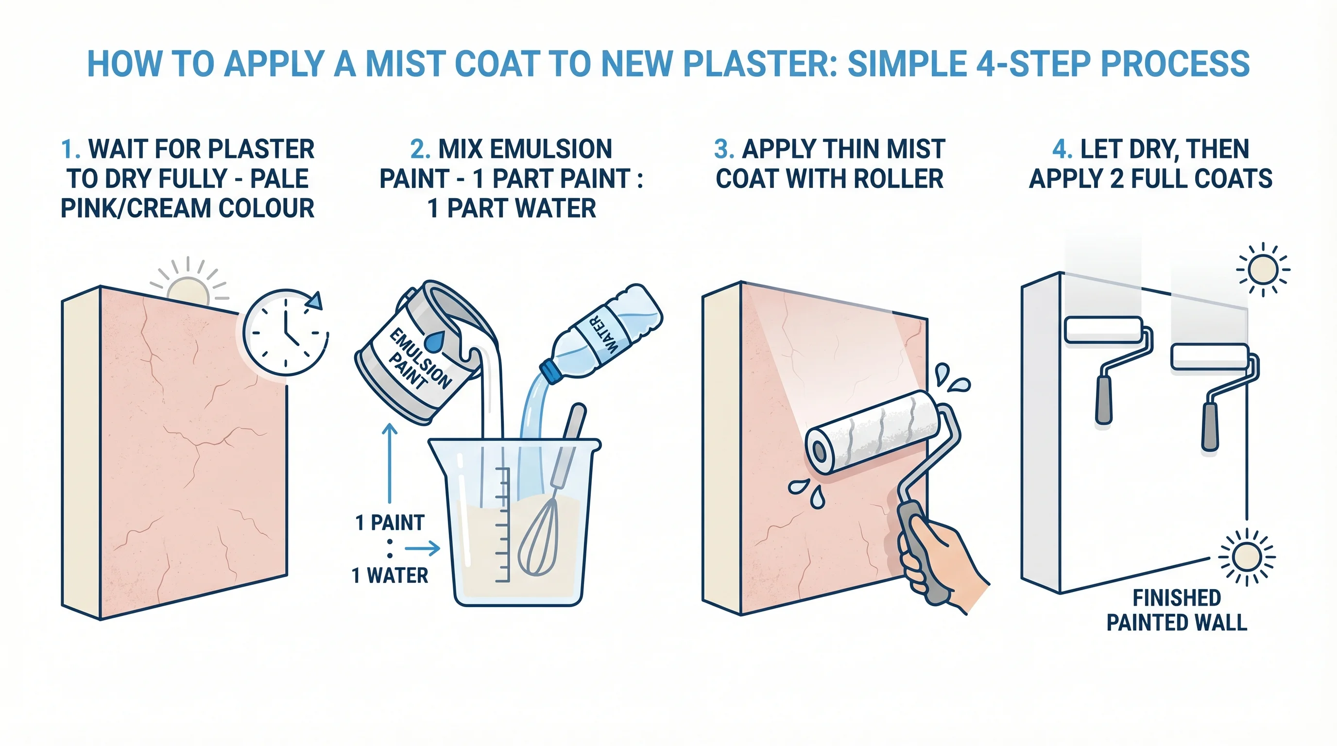 Four-step process infographic showing how to apply a mist coat to new plaster: step 1 check plaster is cured after 4-6 weeks, step 2 mix 70% paint with 30% water in a bucket, step 3 roll on with a 9-inch roller accepting patchy appearance, step 4 wait 24 hours before applying topcoat.