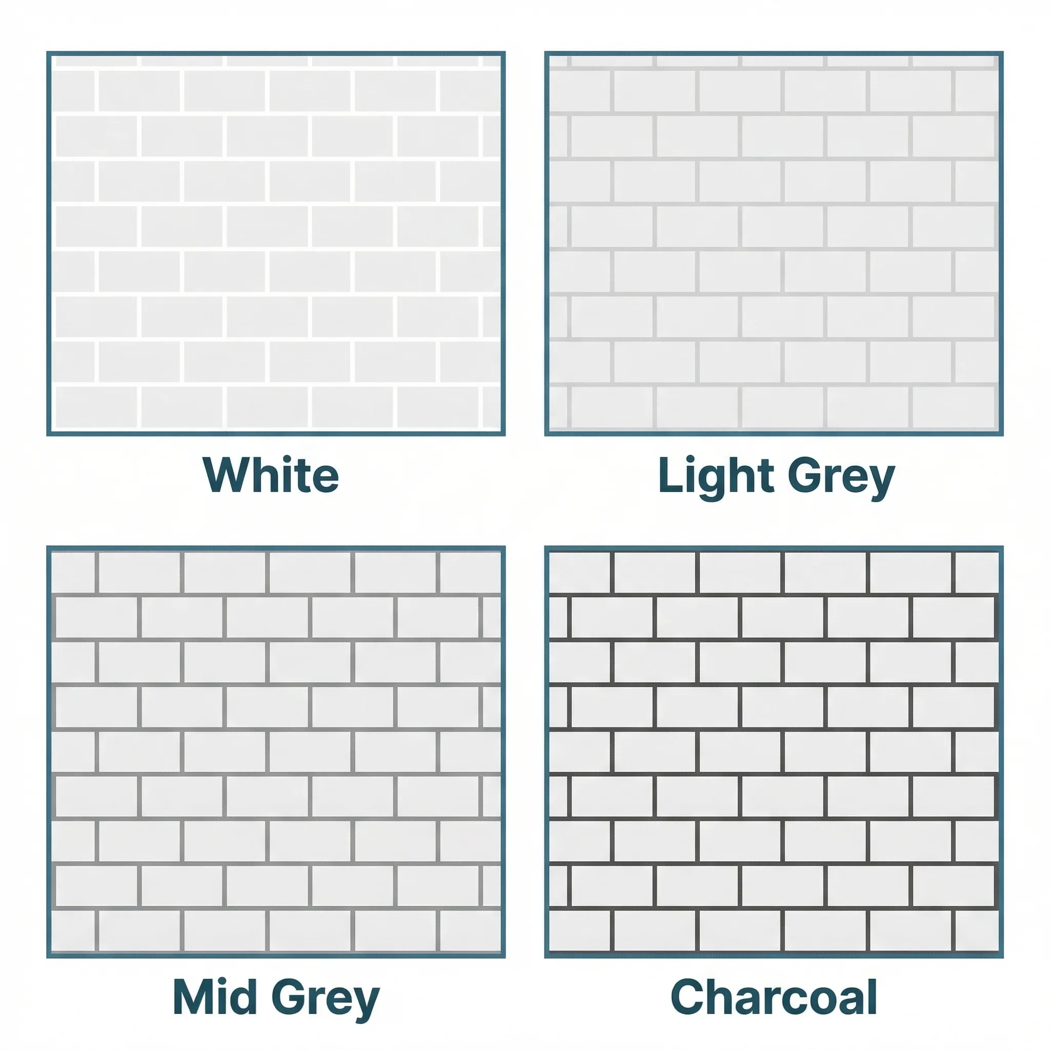 Four-panel comparison showing the same white metro subway tiles with four different grout colours: top-left with white grout for a seamless uniform look, top-right with light grey grout for subtle definition, bottom-left with mid grey grout for moderate contrast, and bottom-right with charcoal grout creating a strong grid pattern. Each panel is labelled with the grout colour name.