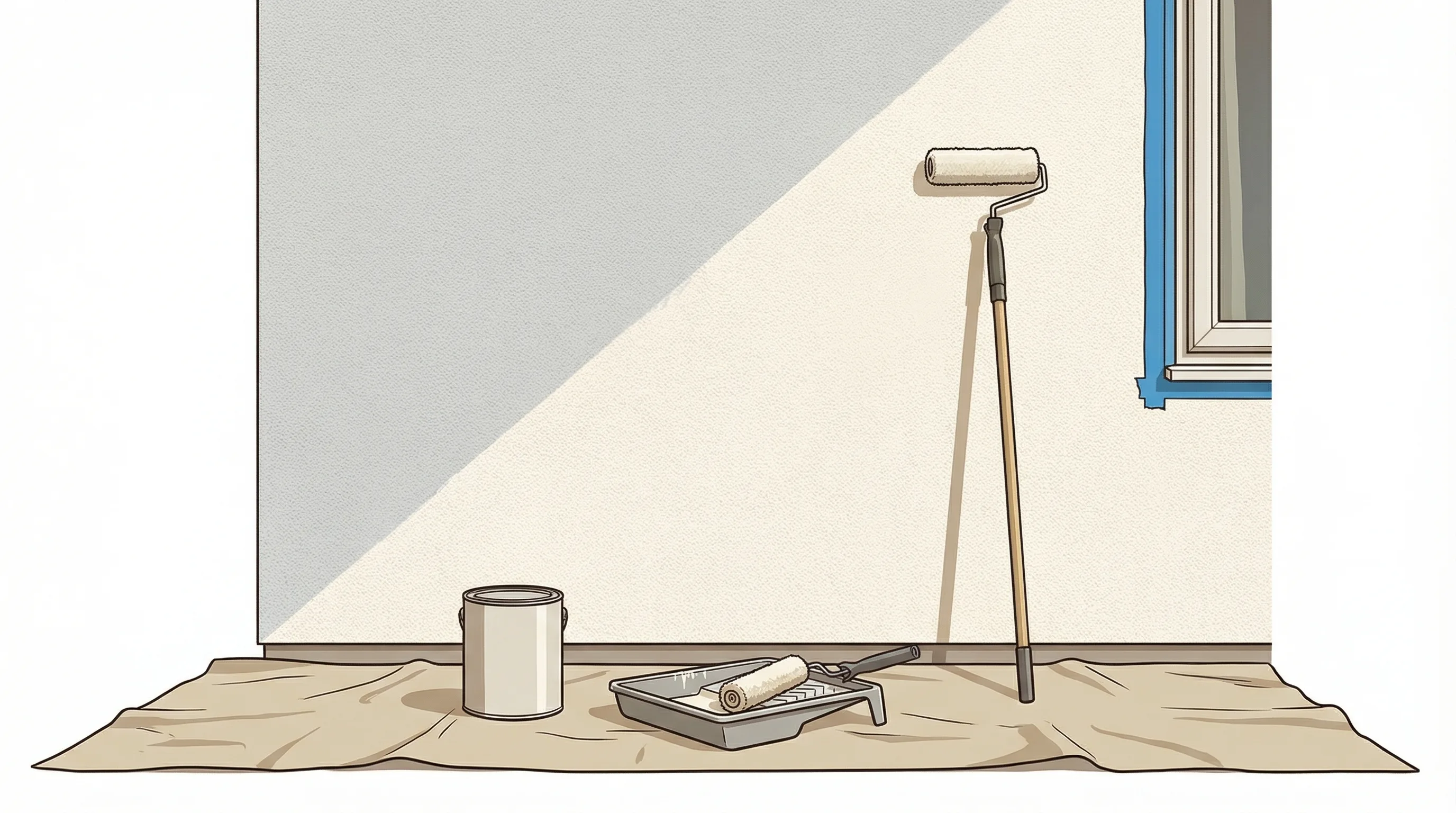 A selection of masonry paint tins and a long-pile roller on a drop sheet beside a freshly painted rendered exterior wall