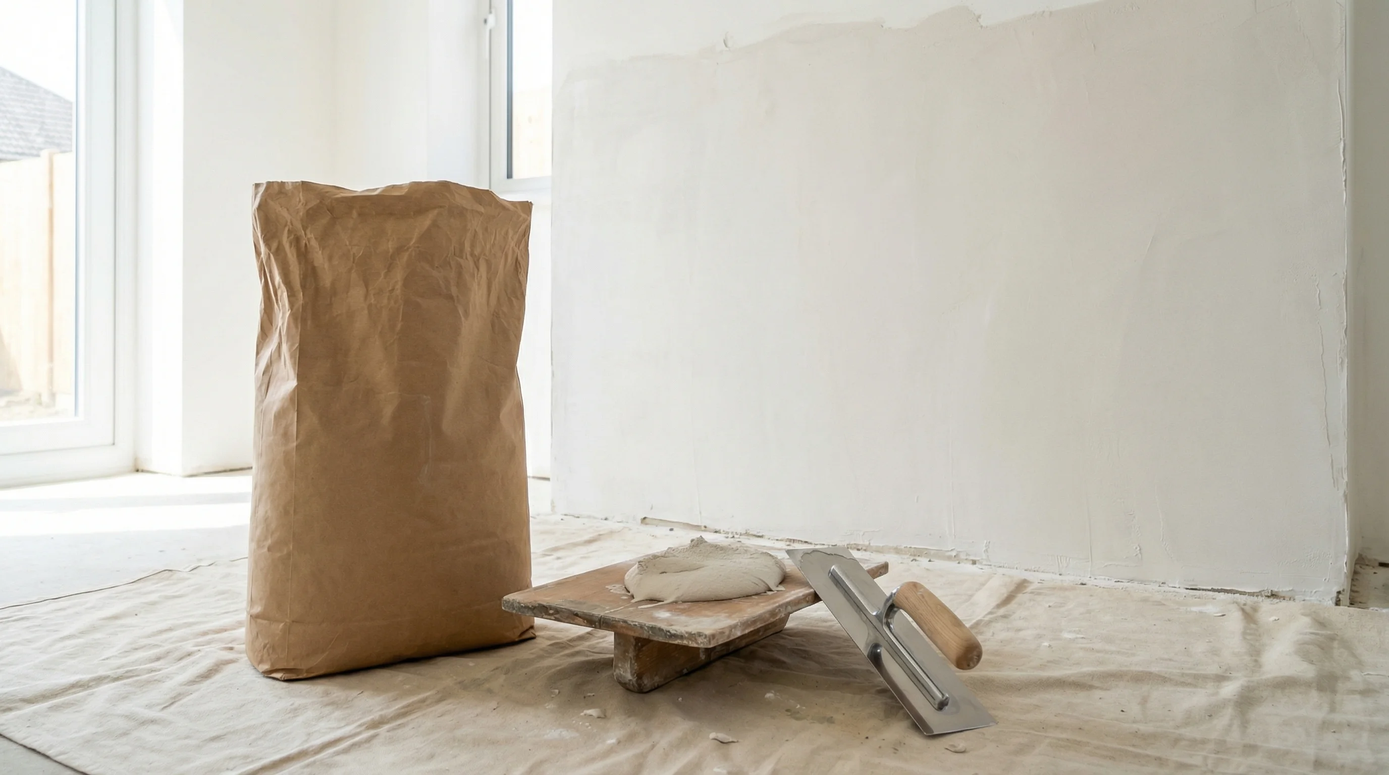 25kg bag of Thistle Multi-Finish plaster beside a hawk and trowel on a dust sheet, with a freshly skimmed wall in the background