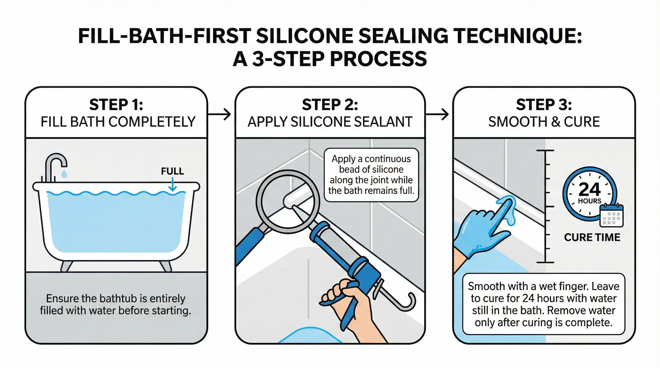 Three-step process infographic showing the fill-bath-first silicone sealing technique. Step 1 shows a bath filled with water with a downward weight arrow. Step 2 shows masking tape on both sides of the gap and a sealant gun applying a bead at 45 degrees. Step 3 shows the smoothed bead with tape removed and a clock indicating a 24-hour wait before draining.