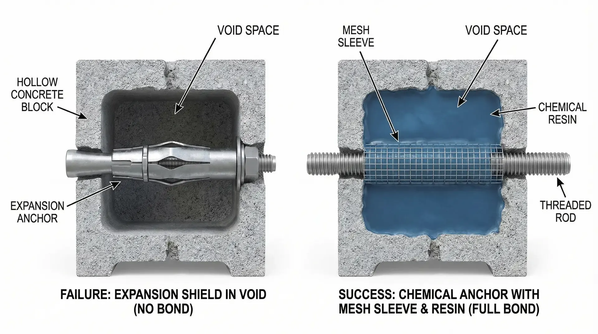 Side-by-side cross-section comparing expansion anchor failure in hollow block versus chemical anchor with mesh sleeve succeeding