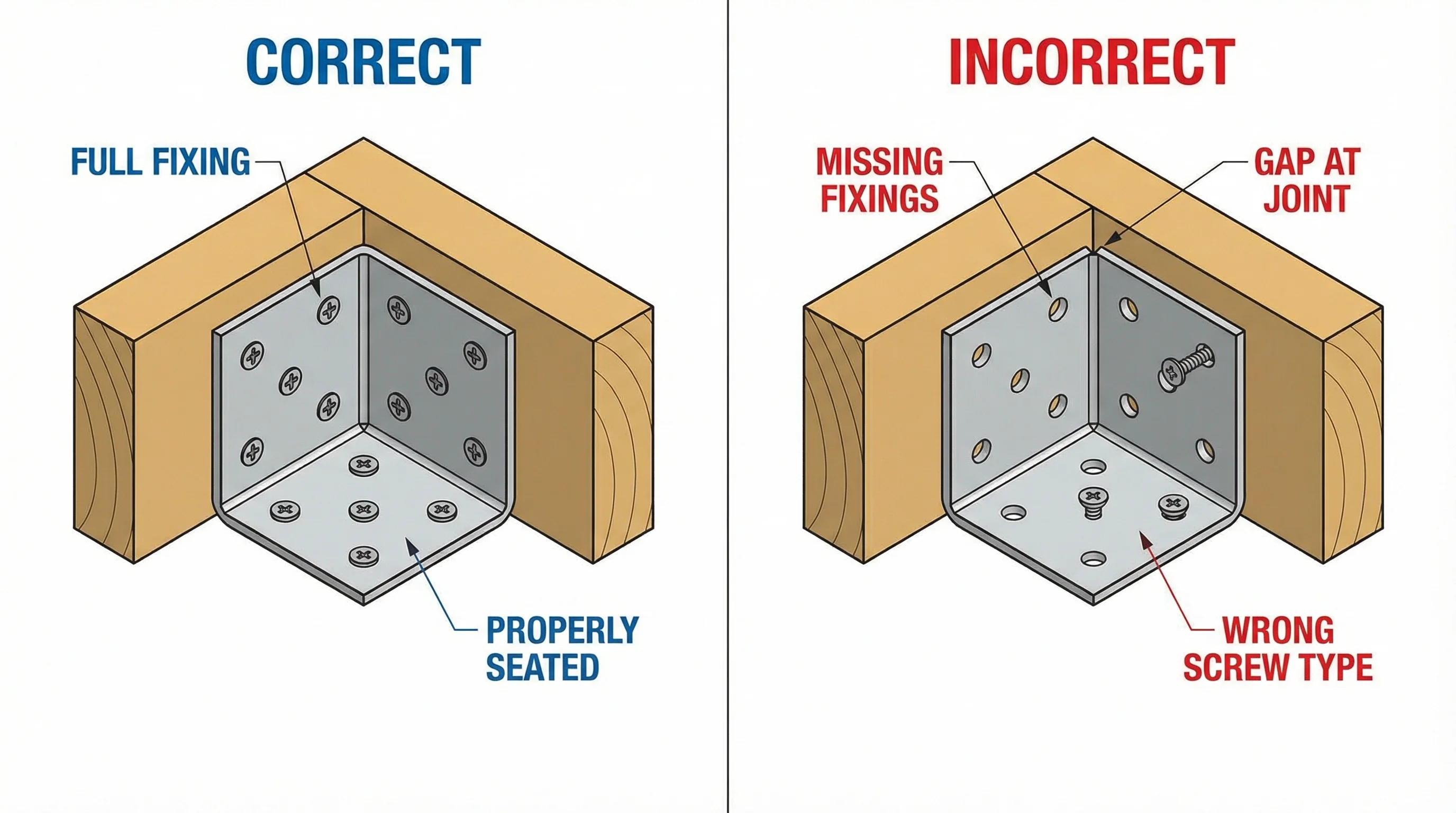 Comparison of correctly installed angle bracket with all holes filled versus incorrect installation with gaps, missing fixings, and wrong screws