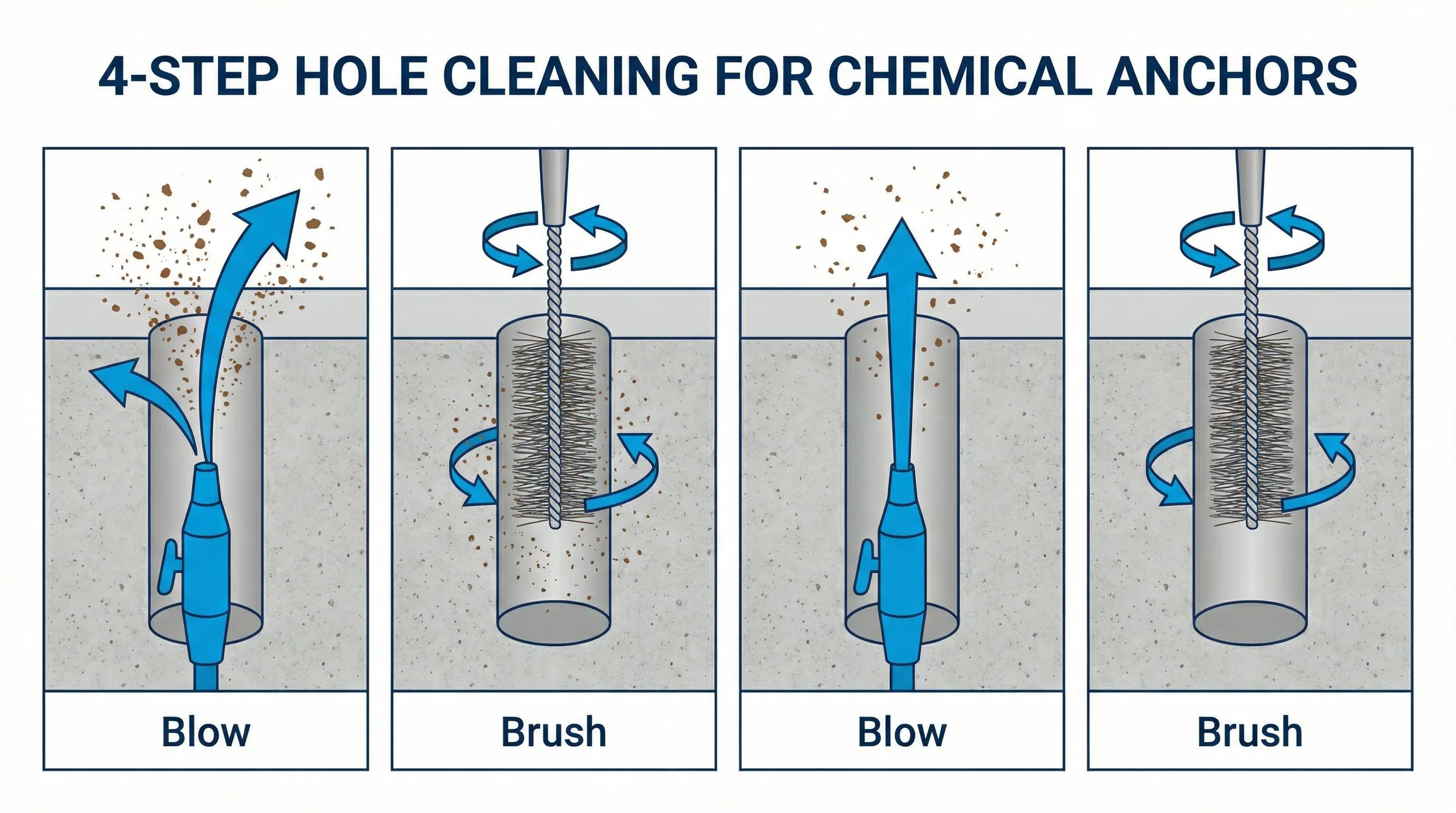 Four-step hole cleaning sequence for chemical anchors: blow, brush, blow, brush. The procedure that determines whether the anchor holds