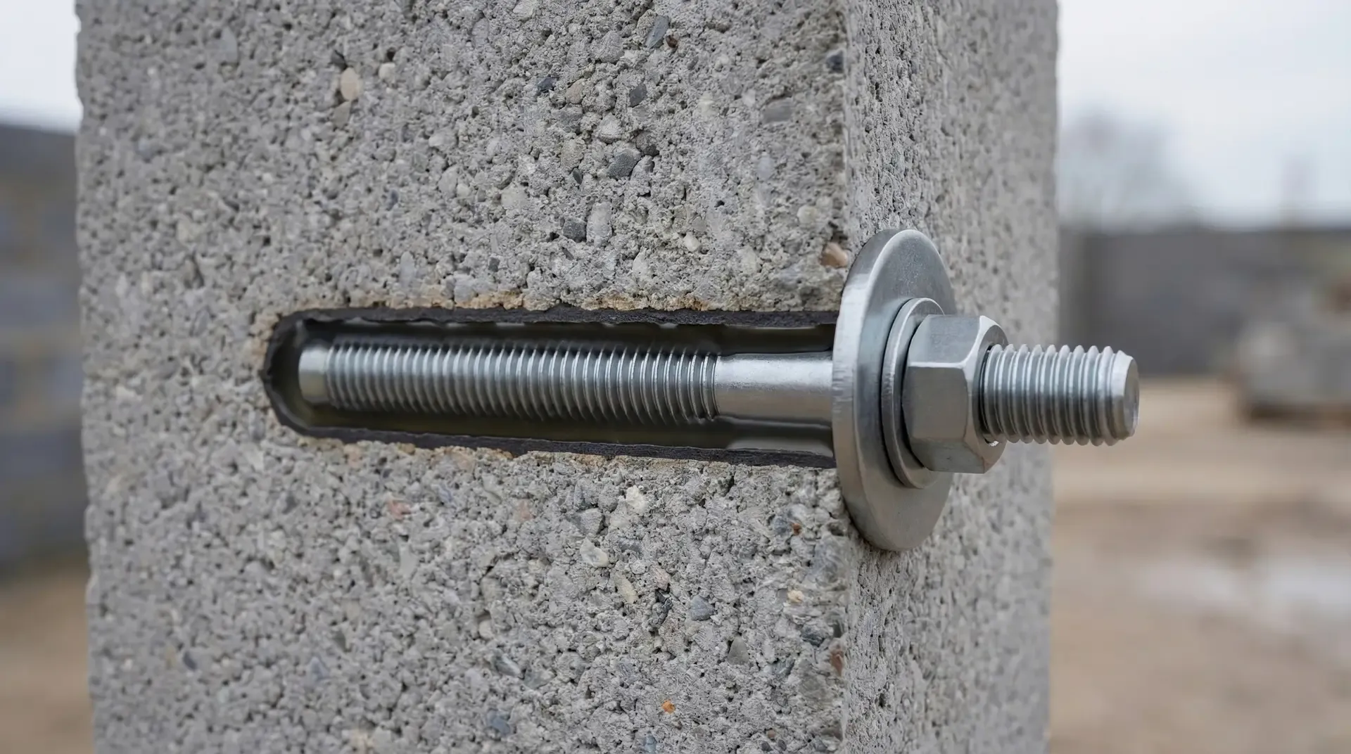 Cutaway cross-section of a chemical anchor in concrete showing resin bonding layers, threaded stud, bearing plate, and nut