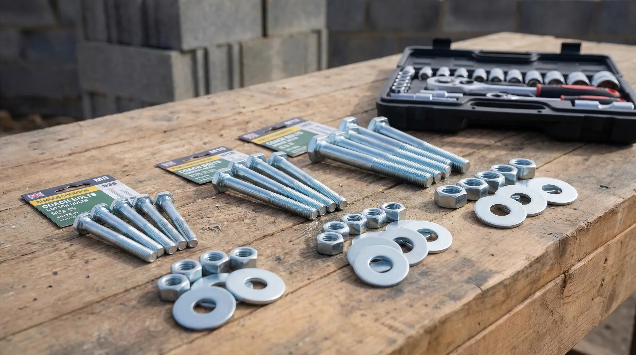 Selection of zinc-plated coach bolts in M8, M10, and M12 sizes laid out on a timber workbench alongside penny washers, hex nuts, and a ratchet socket set