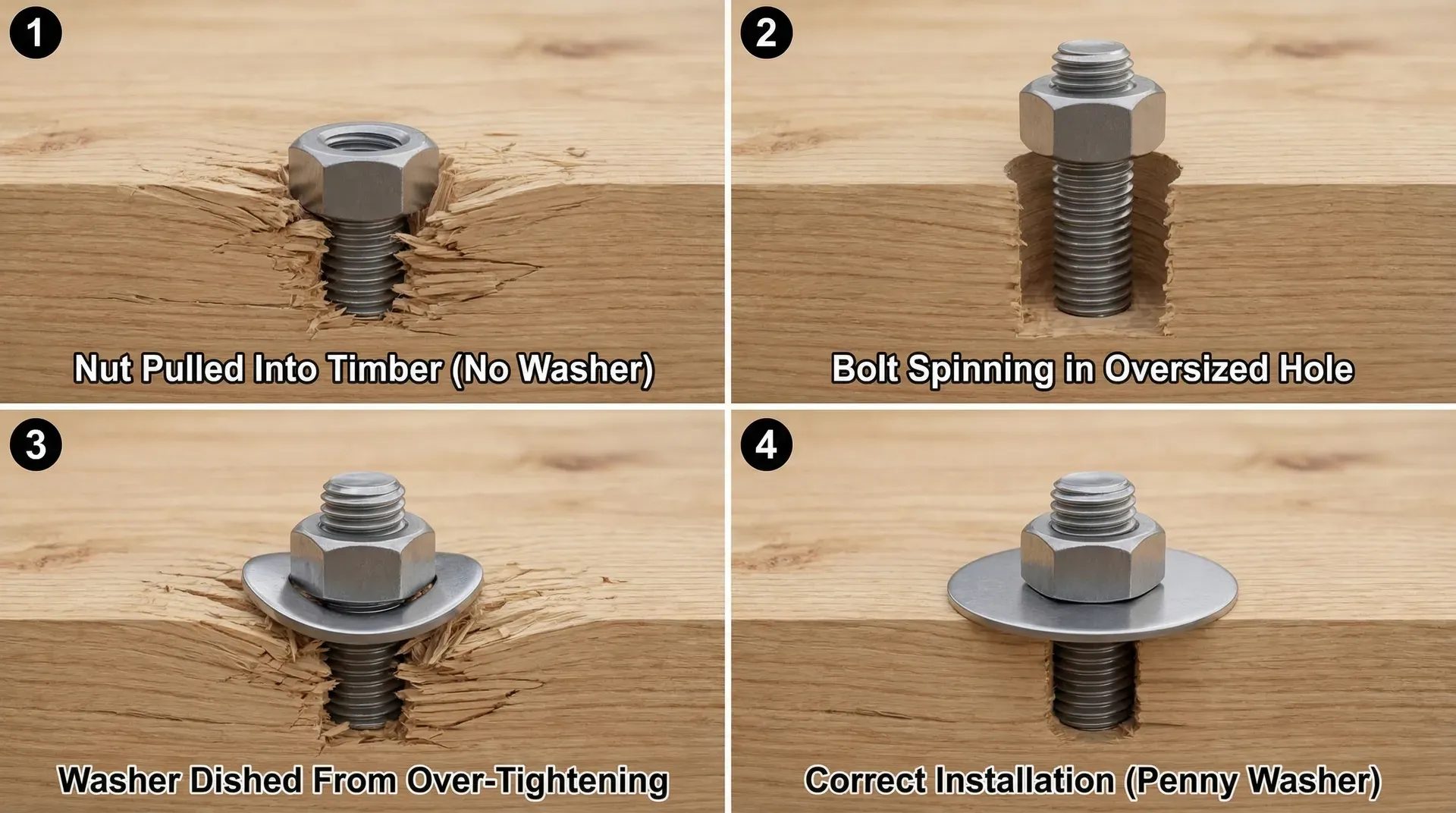 Four cross-section panels showing common coach bolt installation errors: no washer, oversized hole, over-tightening, and correct installation