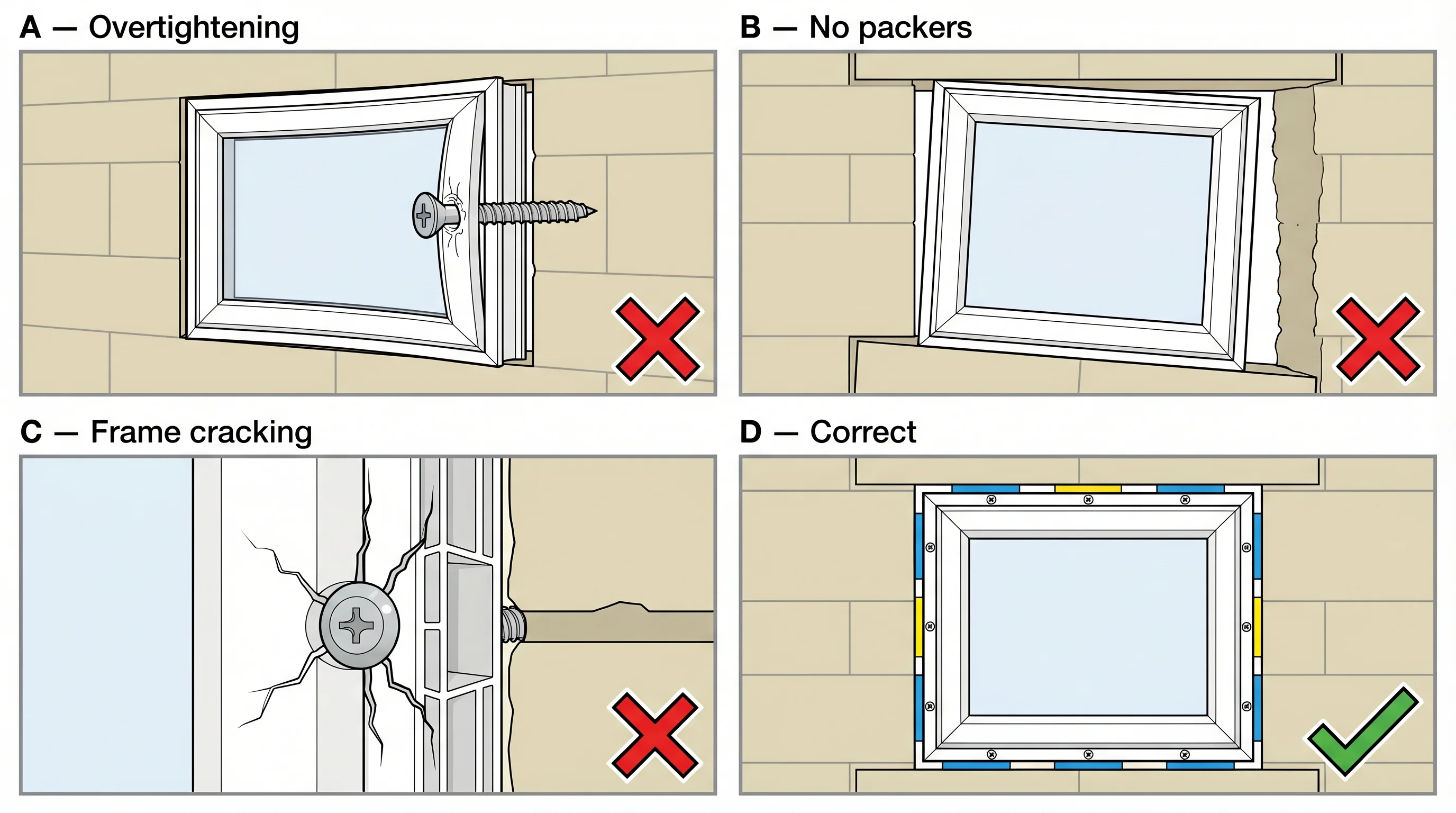 Four panels showing common frame fixing mistakes. Panel A labelled Overtightening shows a window frame bowing inward from an overtightened screw, red X. Panel B labelled No packers shows a window frame tilted and misaligned in its opening with uneven gaps where packer shims are missing, red X. Panel C labelled Frame cracking shows cracks radiating from a screw hole in a uPVC frame profile, red X. Panel D labelled Correct shows a level, square frame with evenly spaced blue and yellow packer shims and correctly positioned screws, green tick.