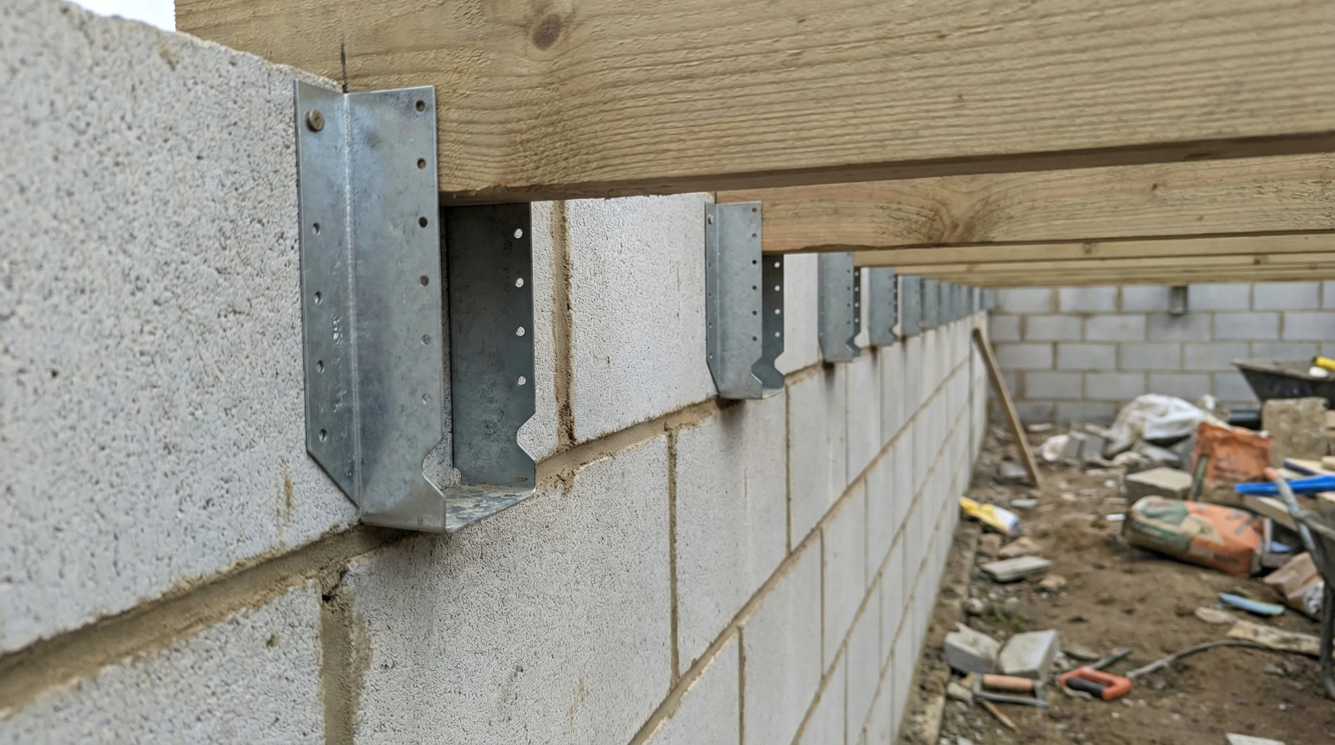 Galvanised steel masonry joist hangers installed in a blockwork wall with timber joists seated in position, showing the nail holes in the side flanges