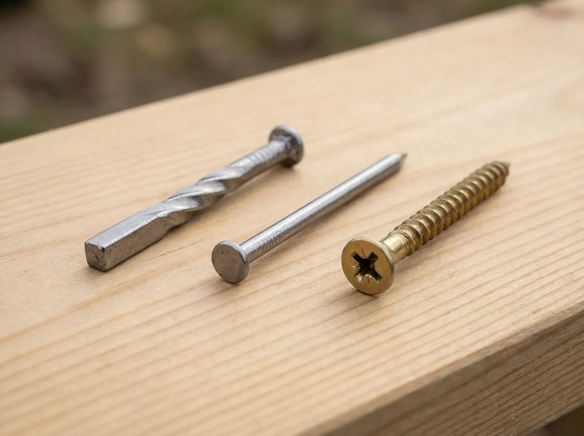 Comparison of 30x3.75mm square twist nail (correct), round wire nail (wrong), and wood screw (wrong) for joist hangers