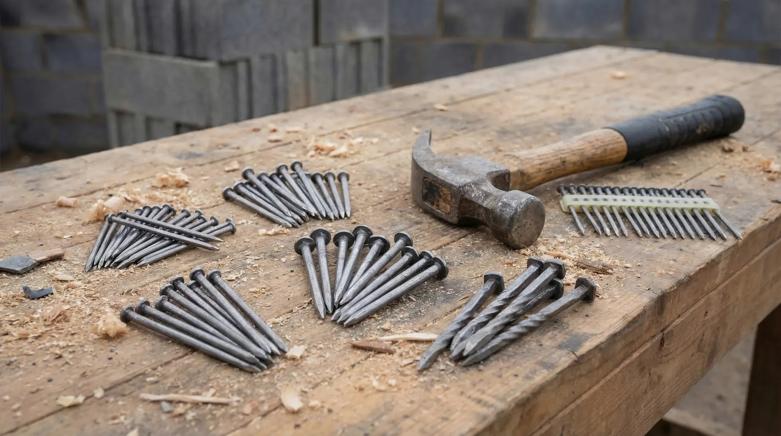 Assorted construction nails arranged by type on a workbench: round wire, ring shank, clout, square twist, and masonry nails alongside a claw hammer and collated nail strips