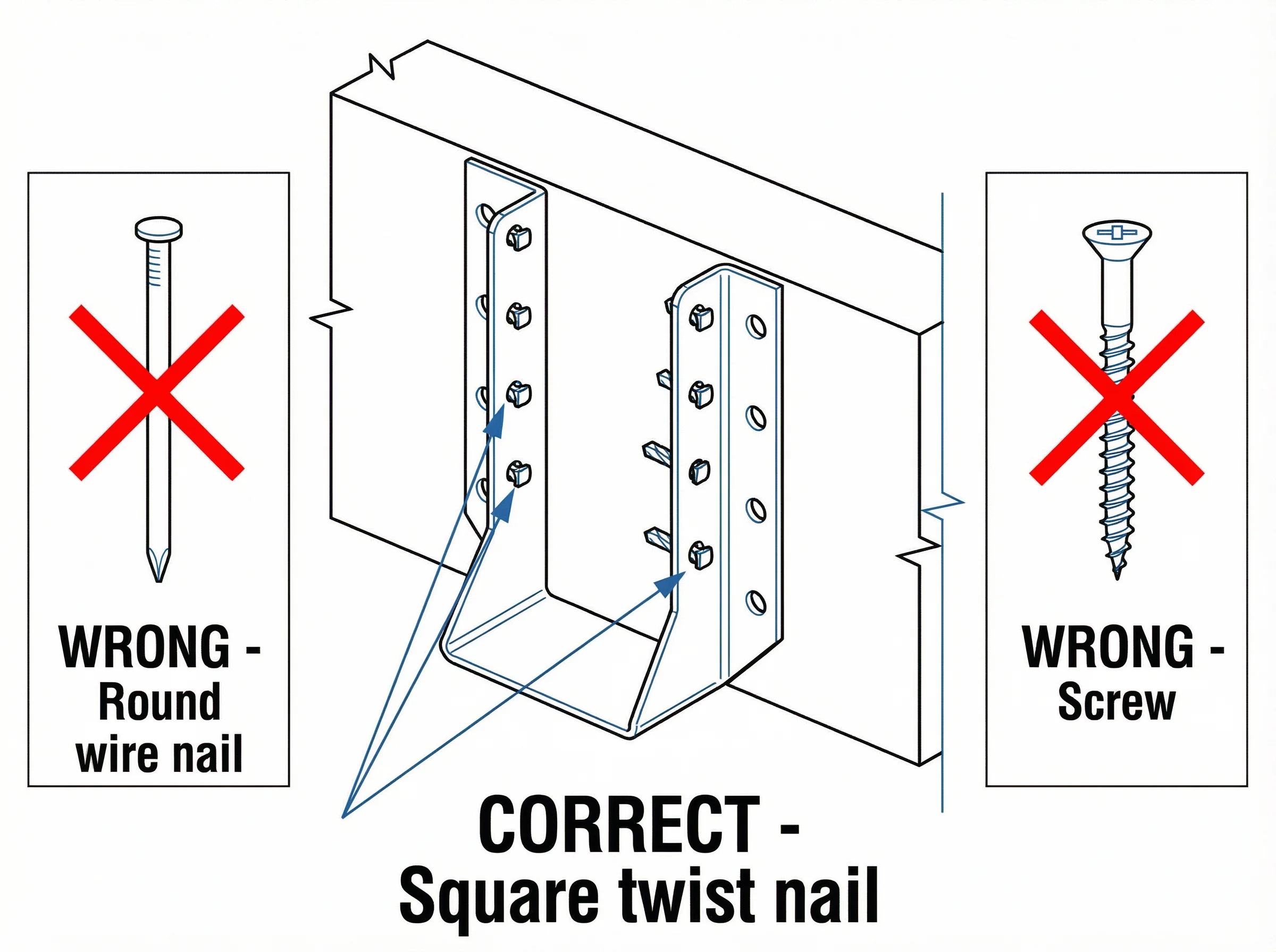 Close-up of a joist hanger with correct square twist nail placement, showing crossed-out round wire nail and screw as incorrect alternatives