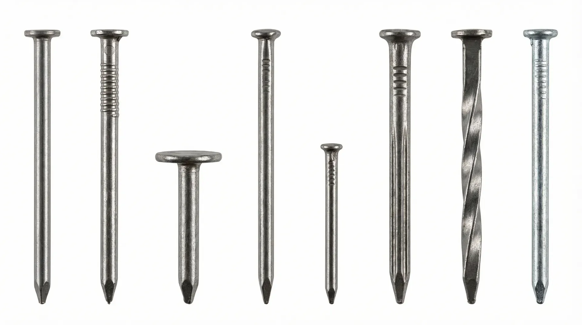 Eight common UK construction nail types shown side by side: round wire, ring shank, clout, oval wire, lost head, masonry, square twist, and galvanised