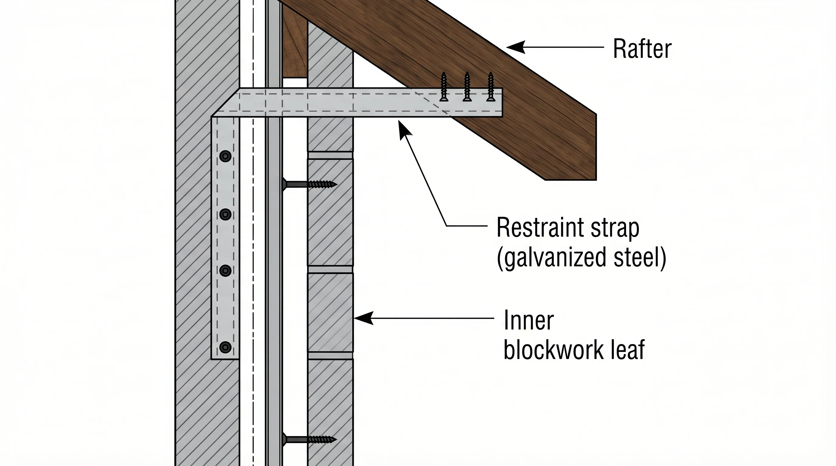 Cutaway cross-section of a heavy restraint strap at eaves level connecting roof structure to inner leaf of cavity wall