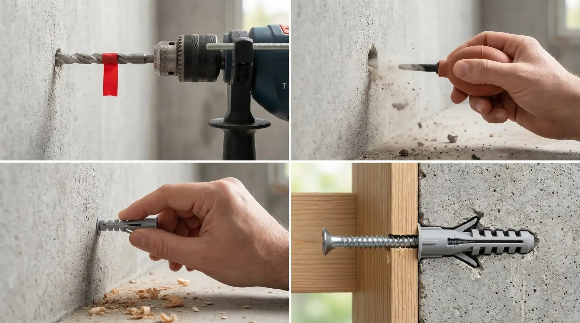 Four-step wall plug installation: drill to depth with tape marker, clear dust, insert plug flush, drive screw to expand plug