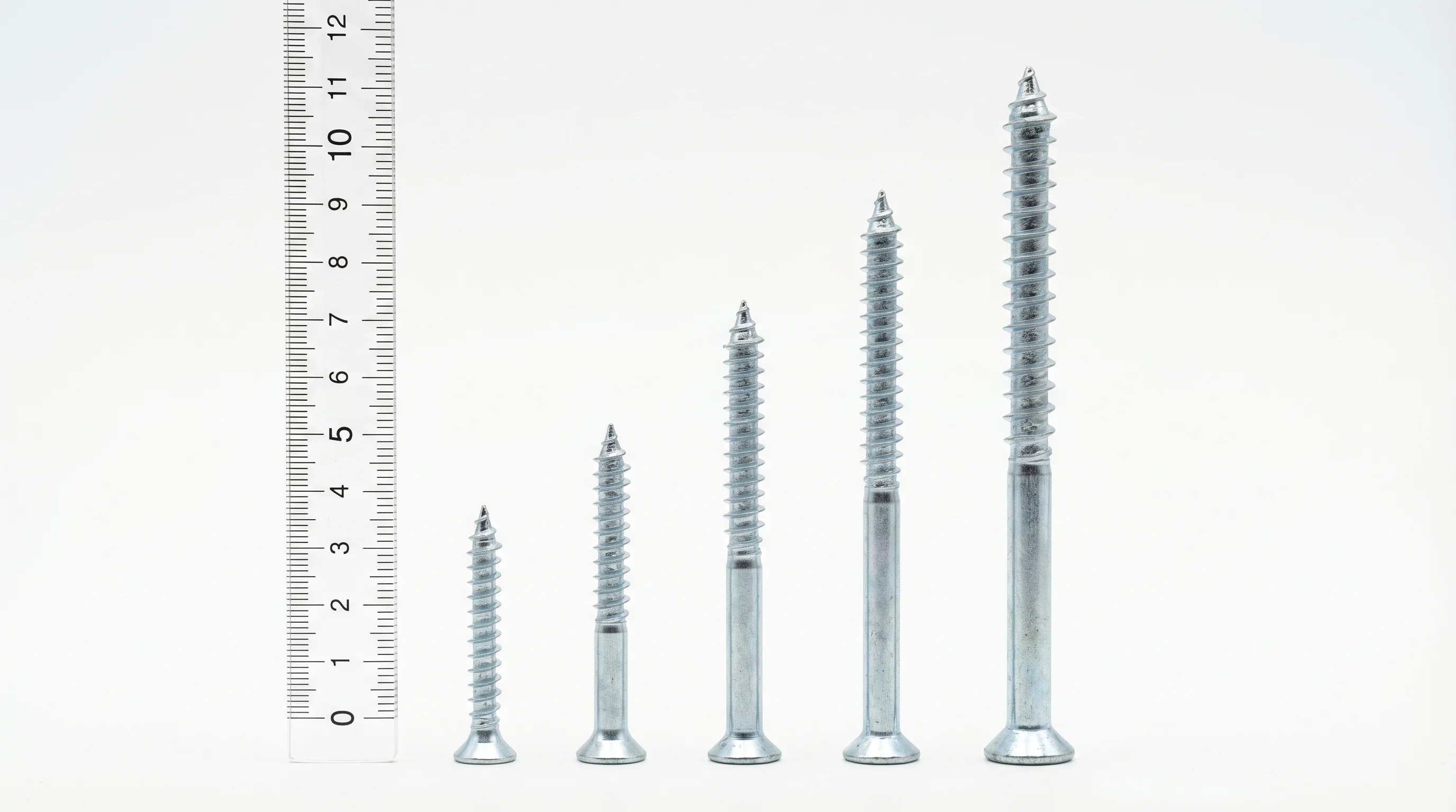 Five yellow zinc-plated wood screws arranged by size from 3.5x25mm to 6x100mm with a millimetre ruler for reference