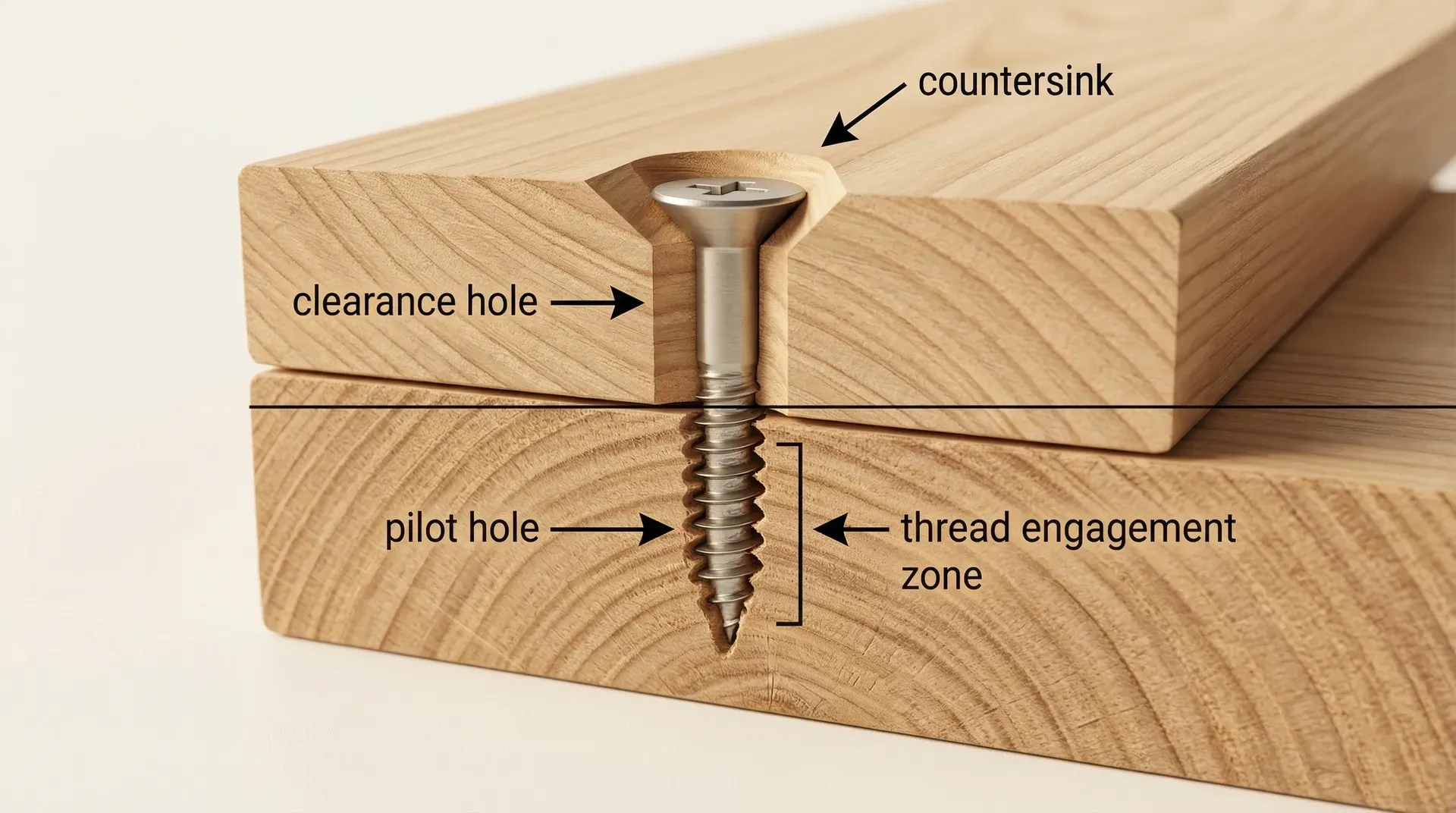 Cross-section of two timber pieces joined by a countersunk wood screw showing pilot hole, clearance hole, and countersink