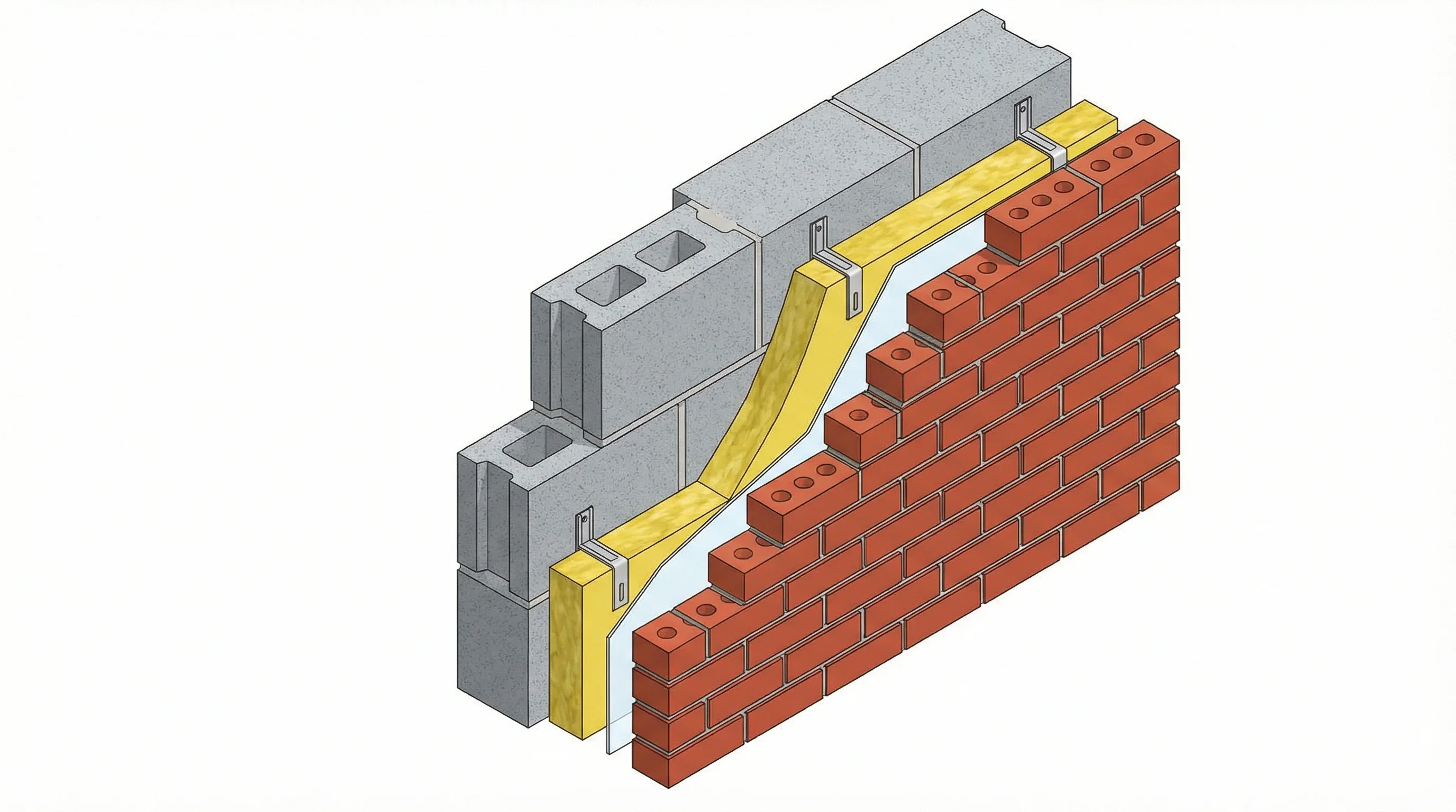 Isometric cutaway of a partial-fill cavity wall showing mineral wool batt held against the inner block leaf with retaining clips, clear residual cavity, and outer brick leaf