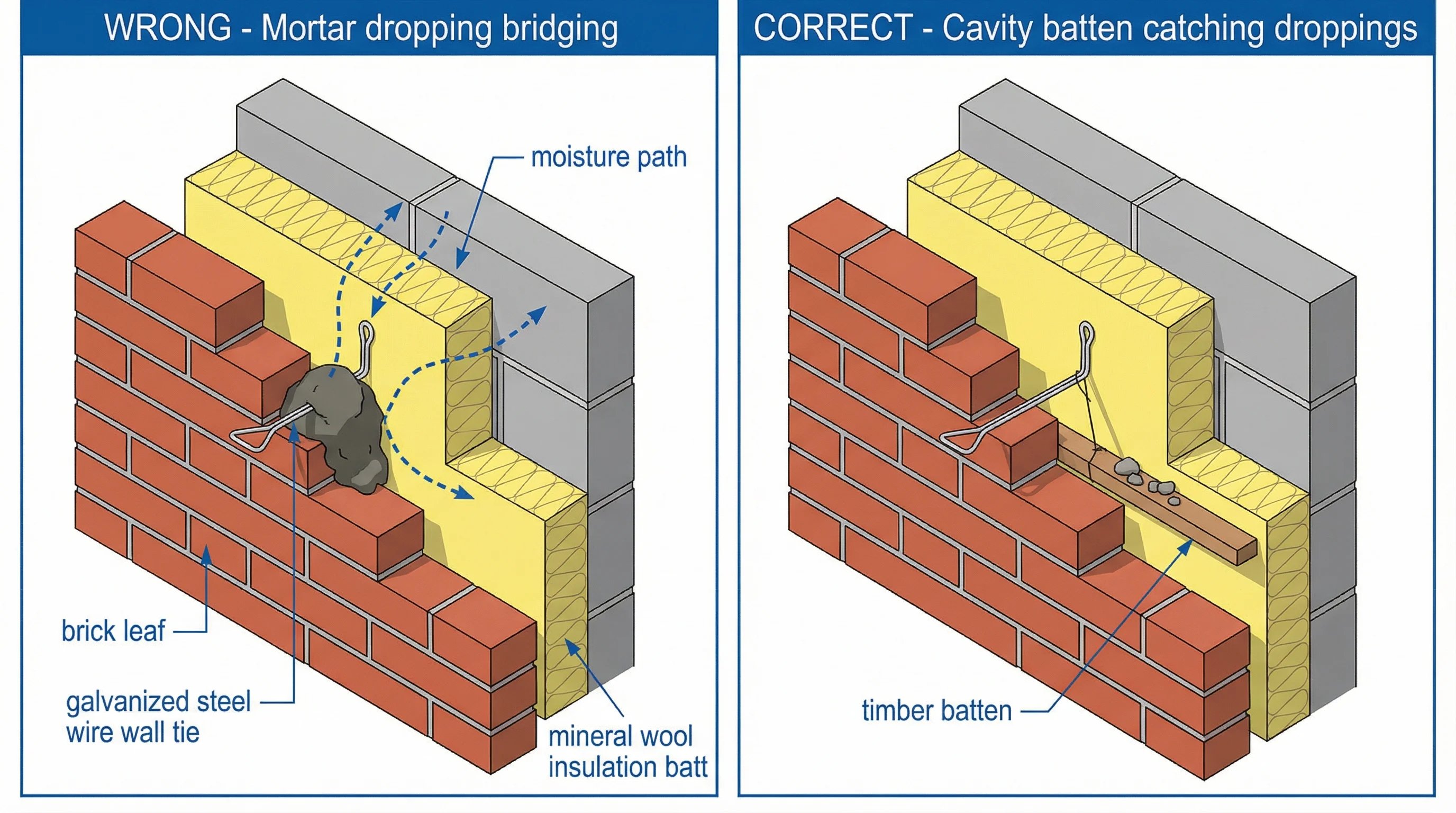 Two-panel isometric cutaway of a cavity wall. Left panel shows a mortar dropping bridging from the outer brick leaf across a wall tie to the mineral wool insulation face, with arrows tracing the moisture path through to the inner block leaf. Right panel shows correct practice: a timber cavity batten suspended in the air gap catching mortar droppings before they reach the insulation.