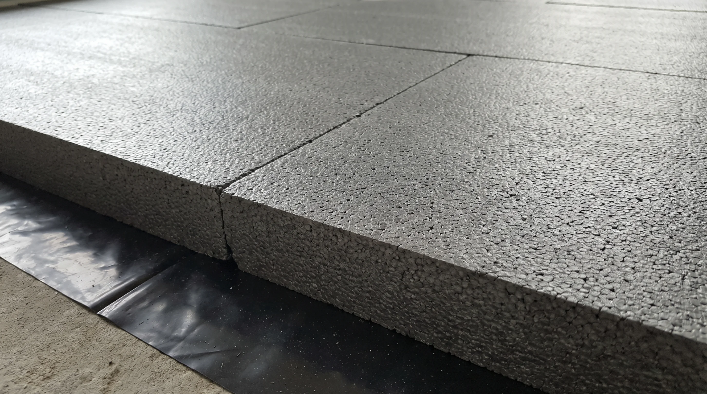 Grey graphite EPS insulation boards laid flat on a black DPM membrane on a concrete floor, boards butted together edge to edge
