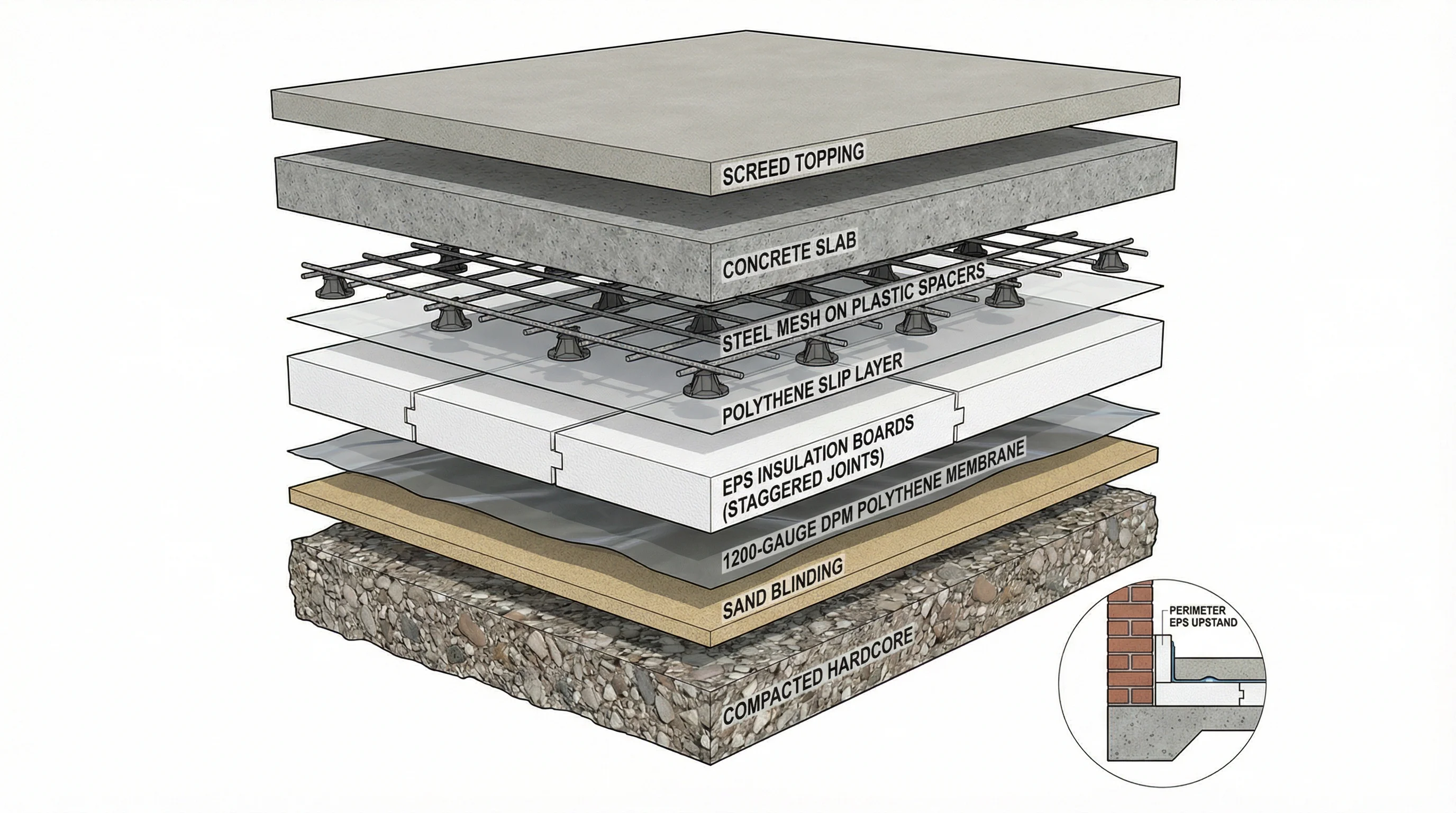 Exploded isometric diagram of the 8-layer ground-bearing floor build-up with EPS insulation. Layers shown from bottom to top: compacted hardcore, sand blinding, 1200-gauge DPM, EPS boards with staggered joints, polythene slip layer, steel mesh on spacers, concrete slab, and screed. An inset detail at the corner shows the perimeter EPS upstand running from floor insulation level to the top of the screed at the wall junction.