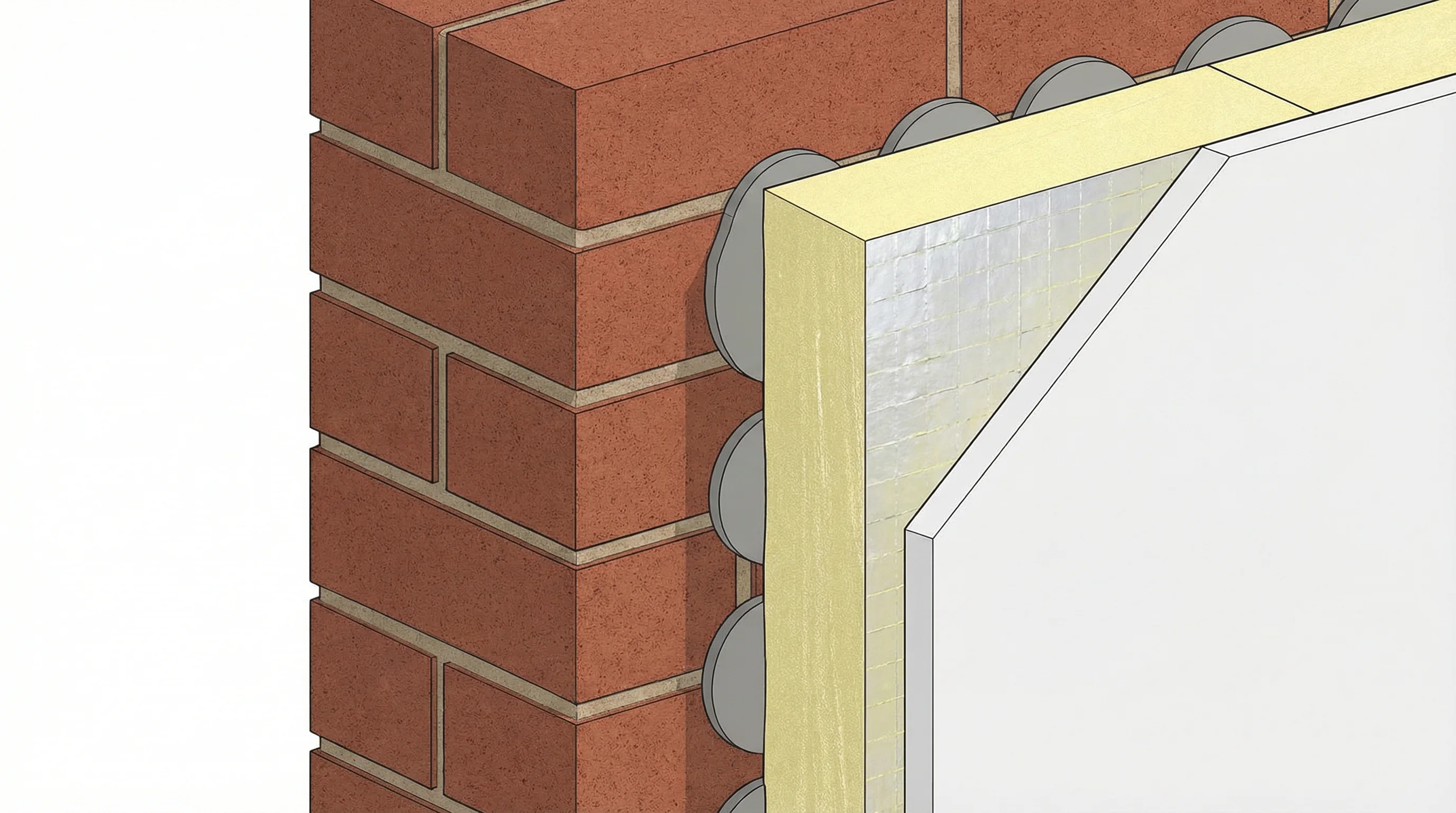 Cross-section of insulated plasterboard bonded to a solid brick wall, showing PIR foam core, plasterboard face, and adhesive dabs with annotation labels